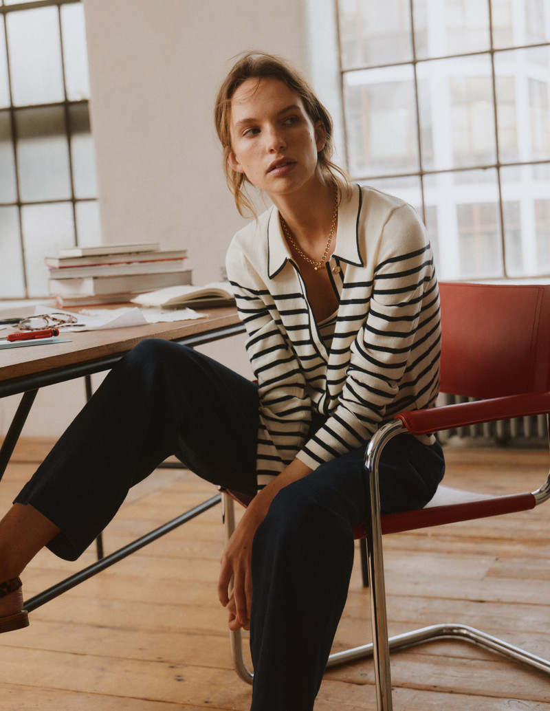 Liz Knitted Collared Cardigan-Ivory/ Navy 7