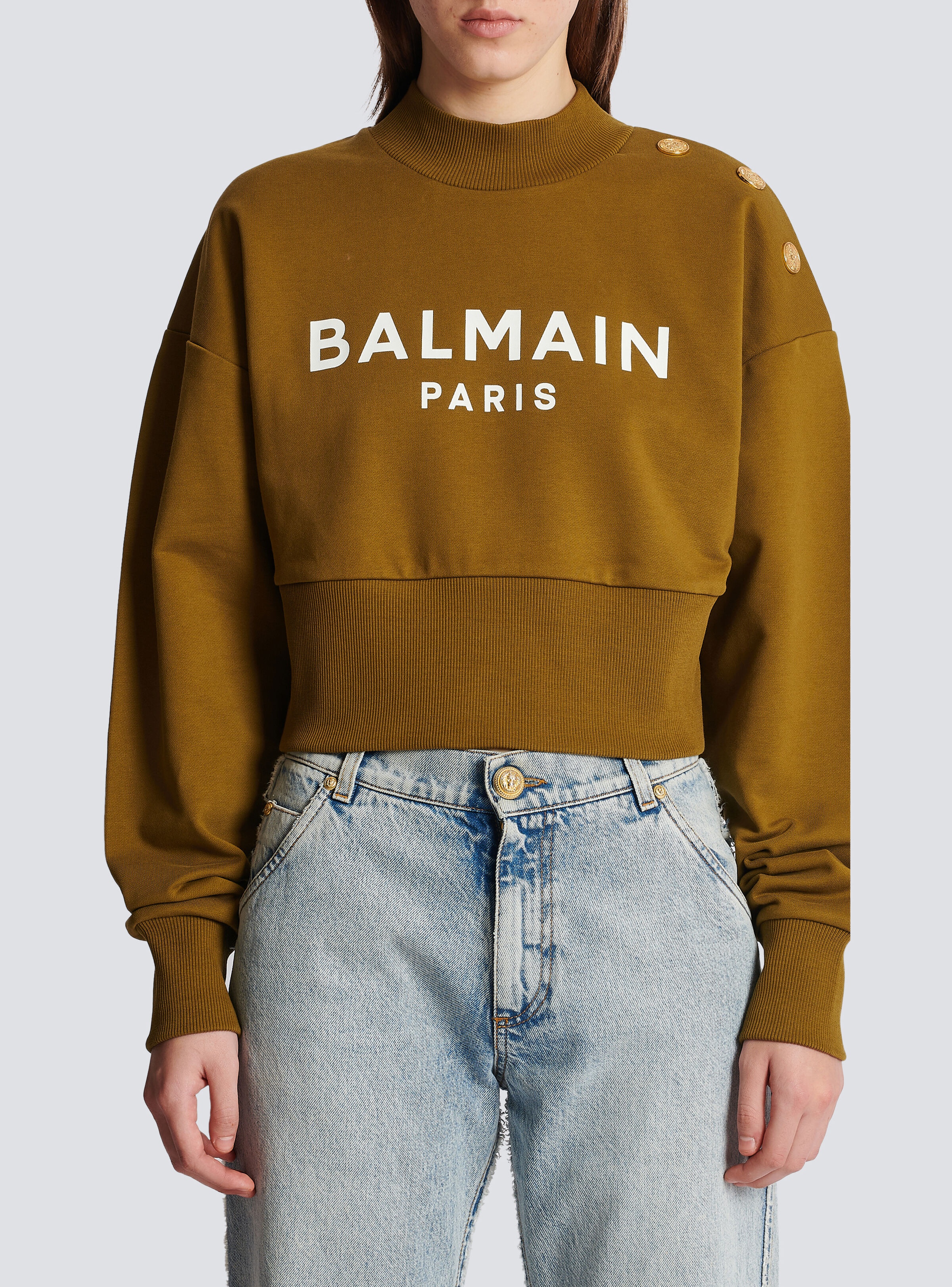Eco-responsible cotton cropped sweatshirt with Balmain logo print - 5