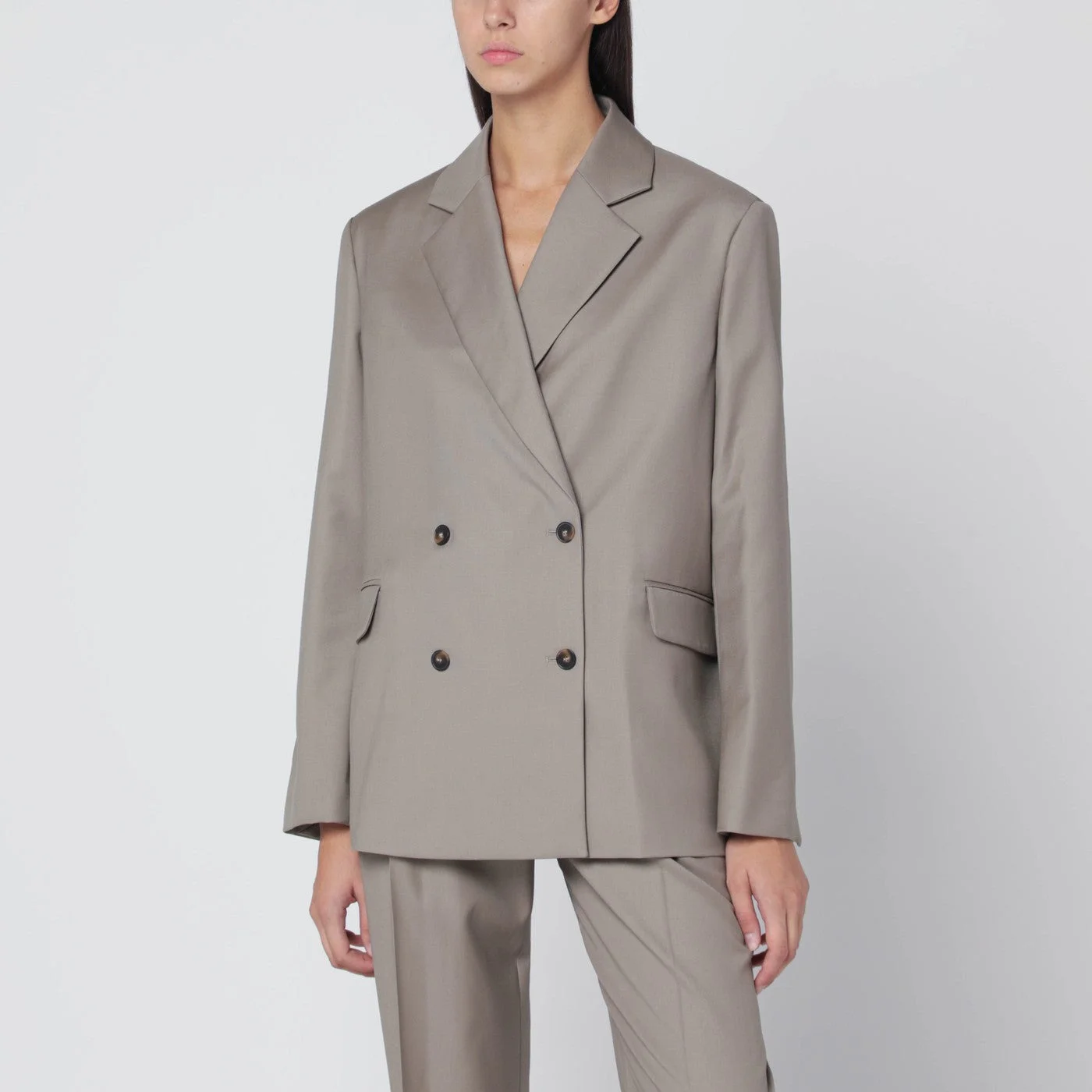 Double-breasted wool jacket in taupe color - 1