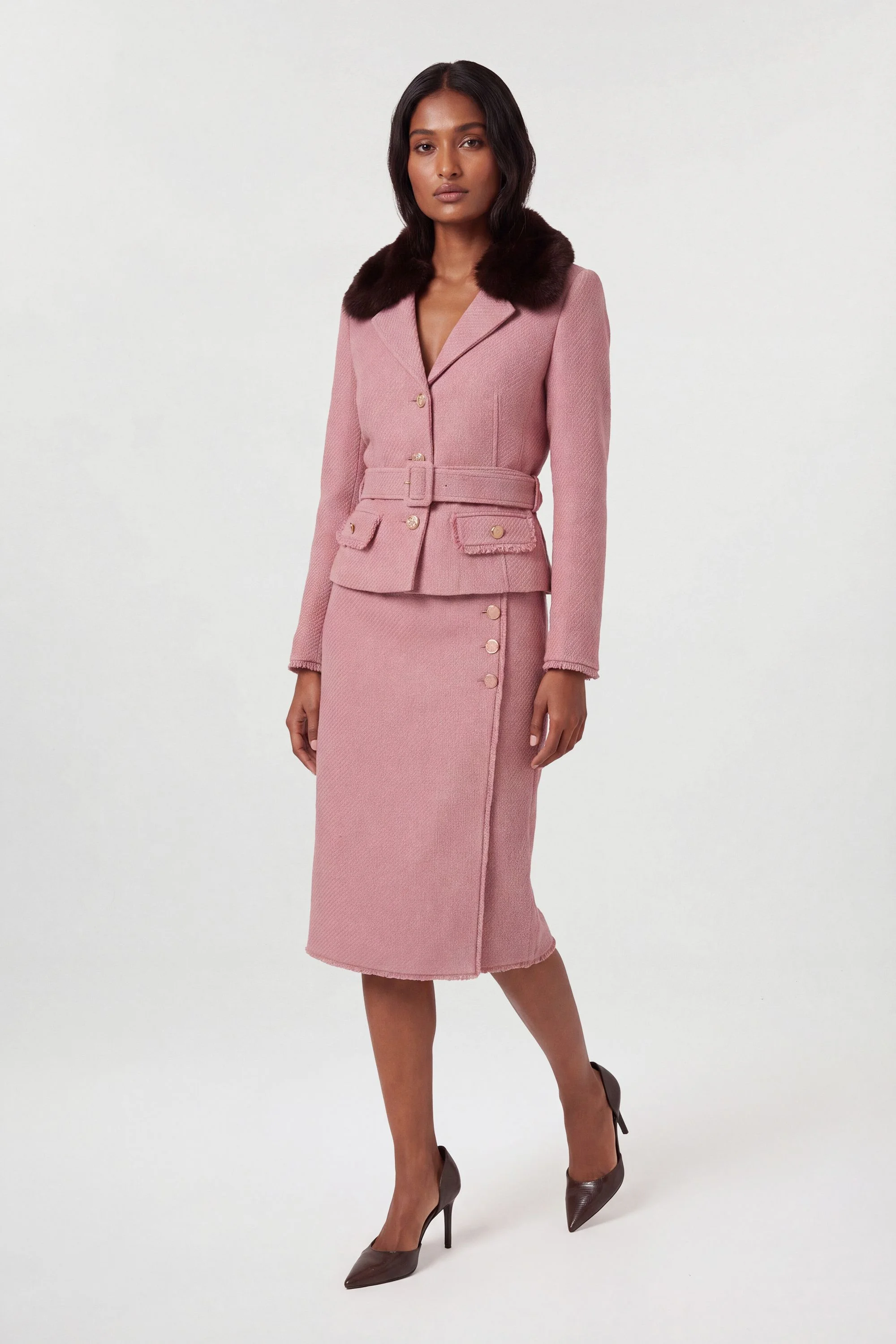Petite Texture Tweed Button Midi Pencil Skirt - 1
