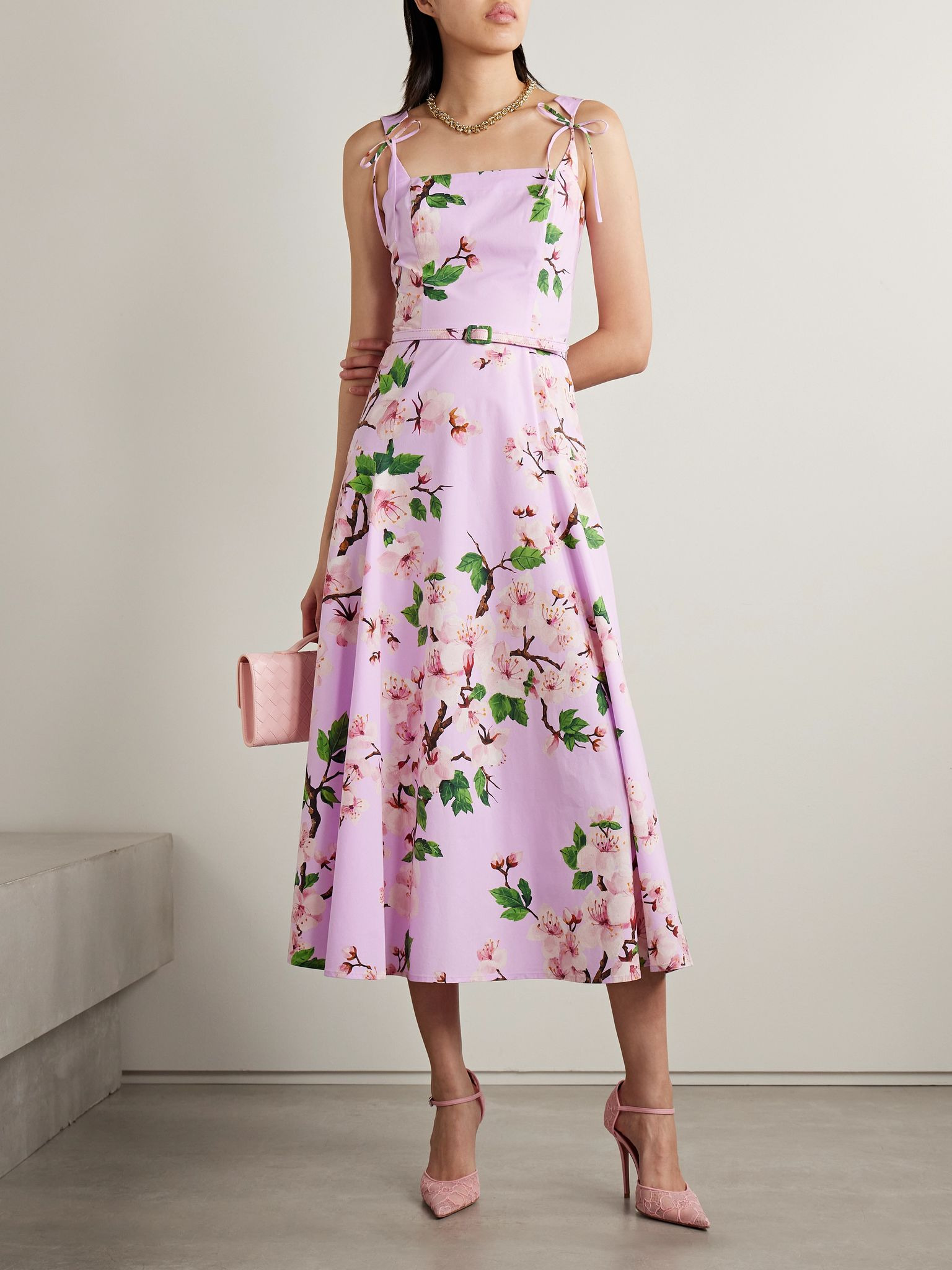 Belted bow-detailed floral-print stretch-cotton poplin midi dress Pink - 2