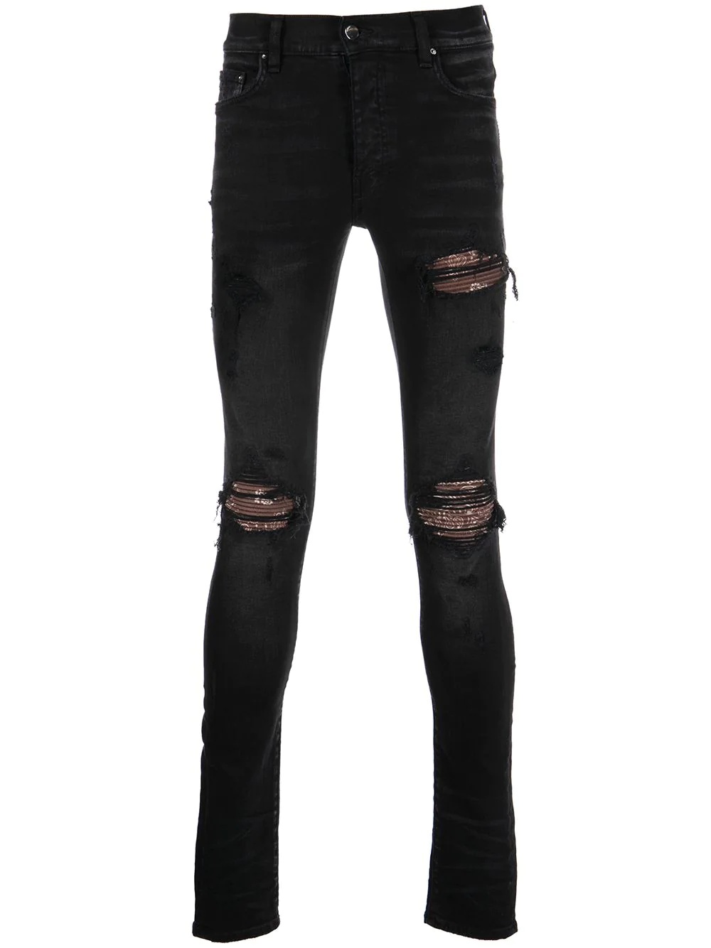 paisley-patch distressed skinny jeans - 1