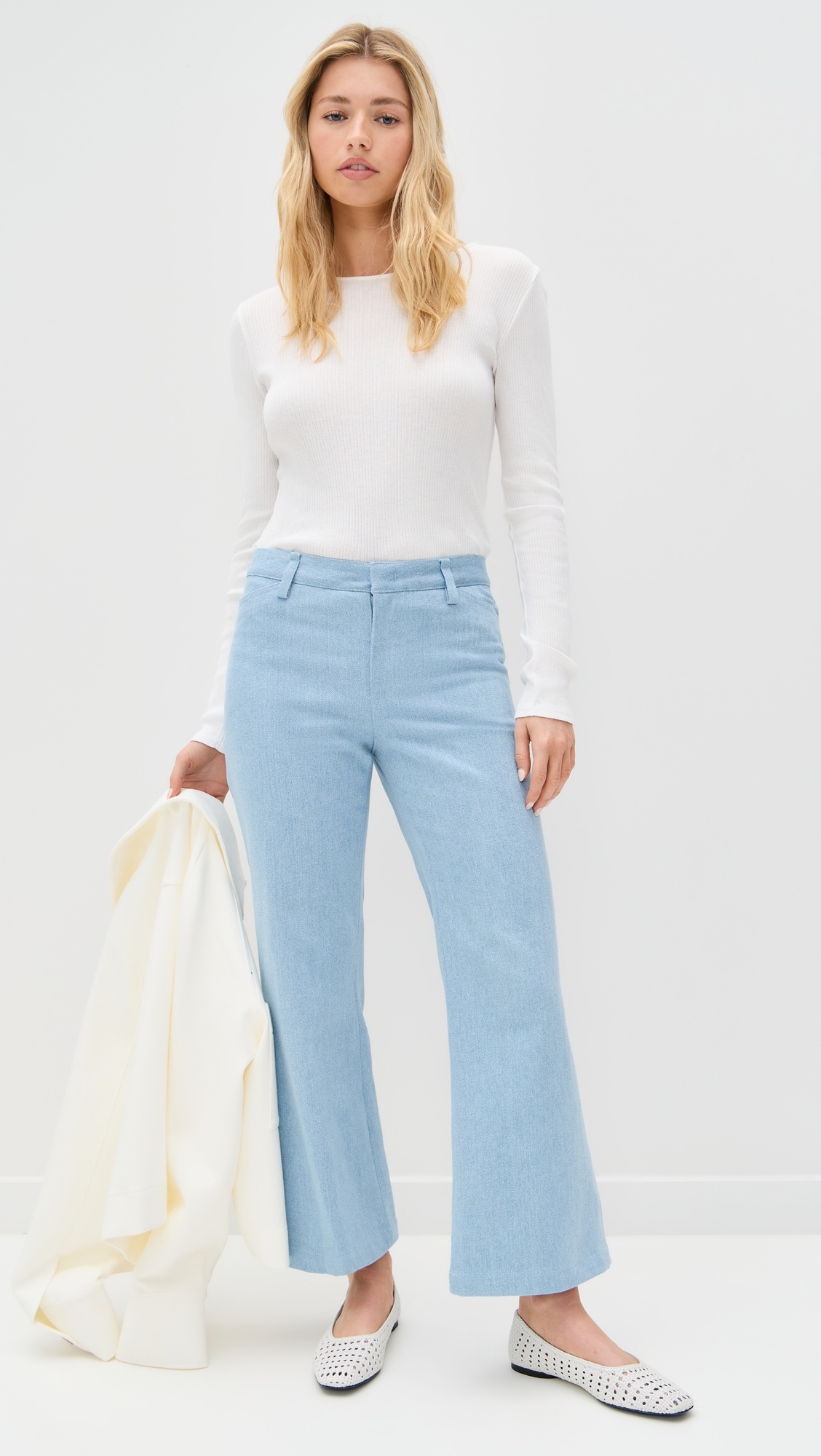 Mid Rise Cropped Flare Twill Pants - 1