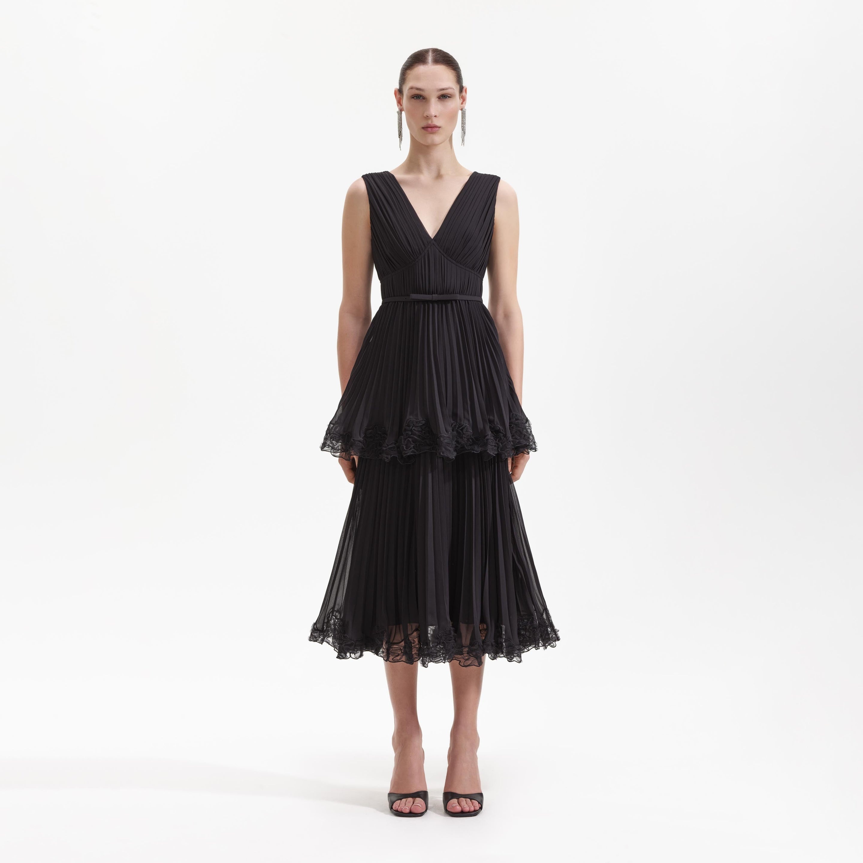 Black Chiffon Tier Midi Dress - 1