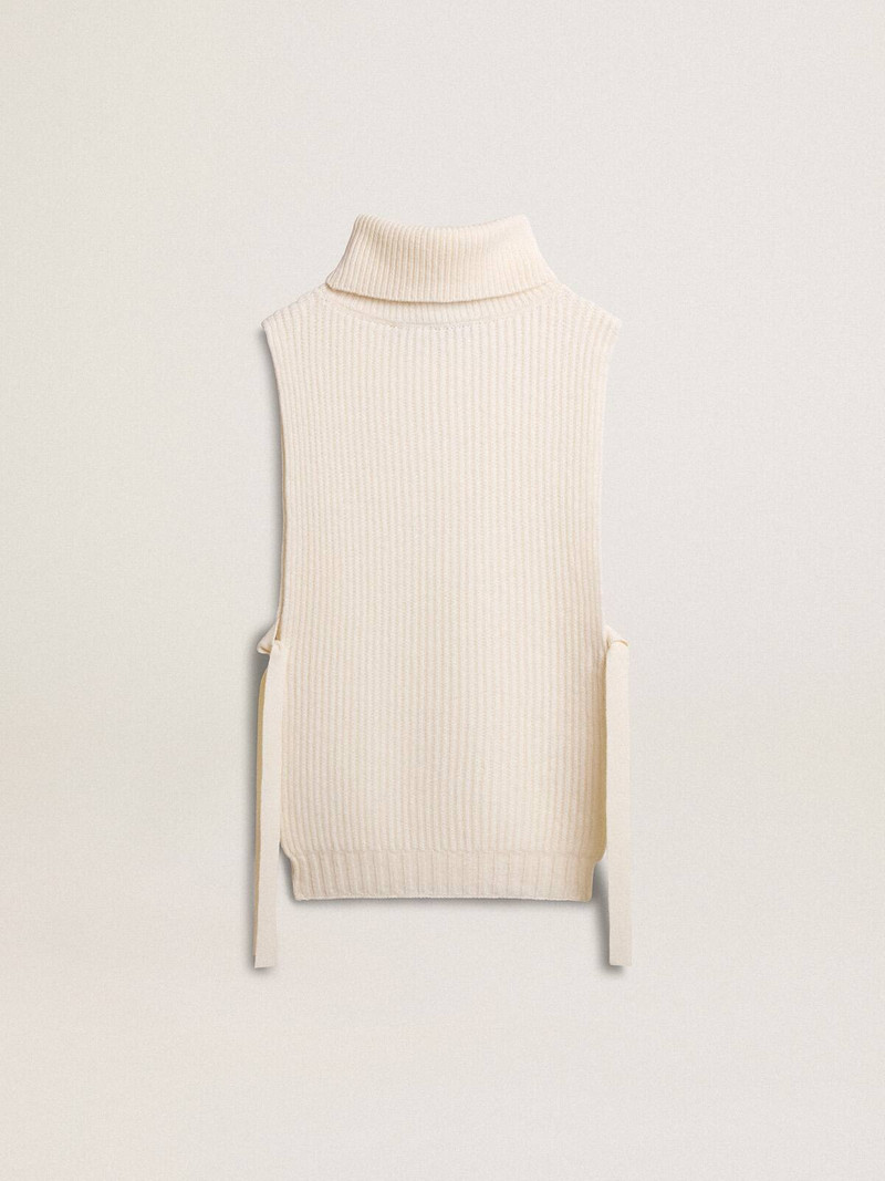 Unisex white high-neck sleeveless sweater in ribbed wool 6