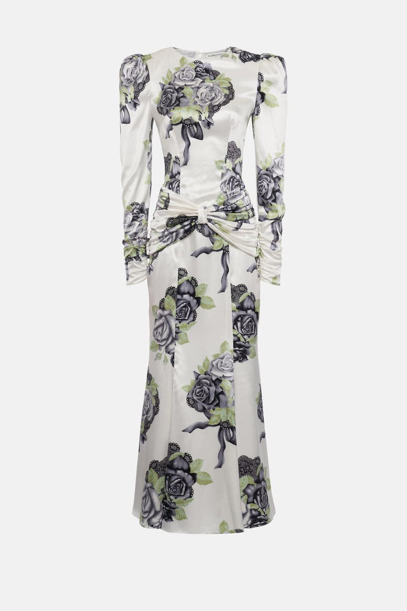 ROSE PRINT SILK SATIN DRESS WITH BOW - 1