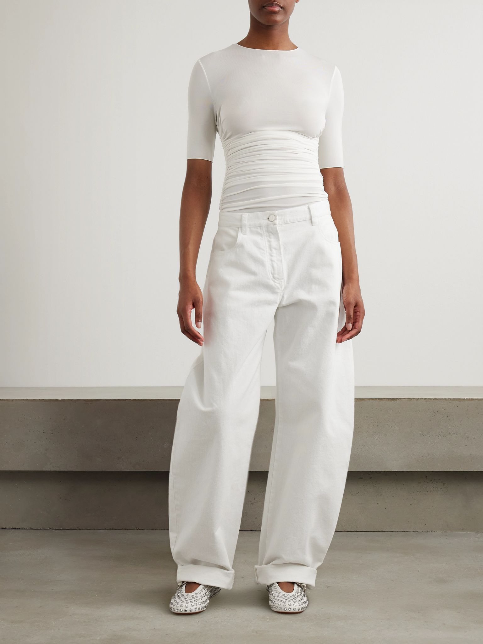 Ruched stretch-jersey T-shirt White - 2