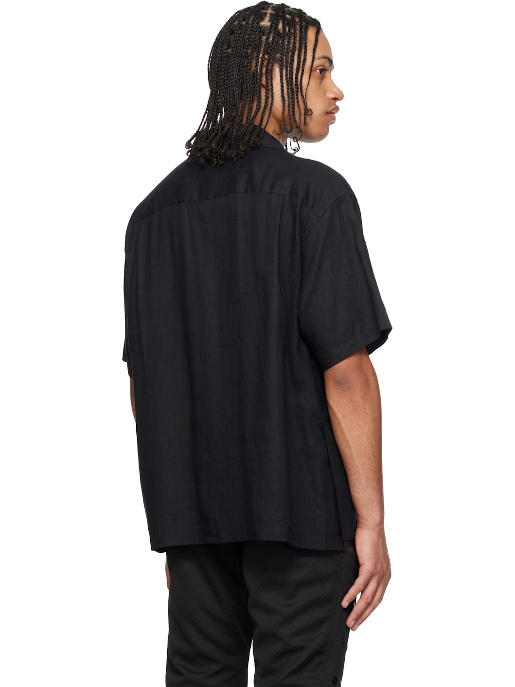 Black Side Vents Op Collar Linen Shirt - 3