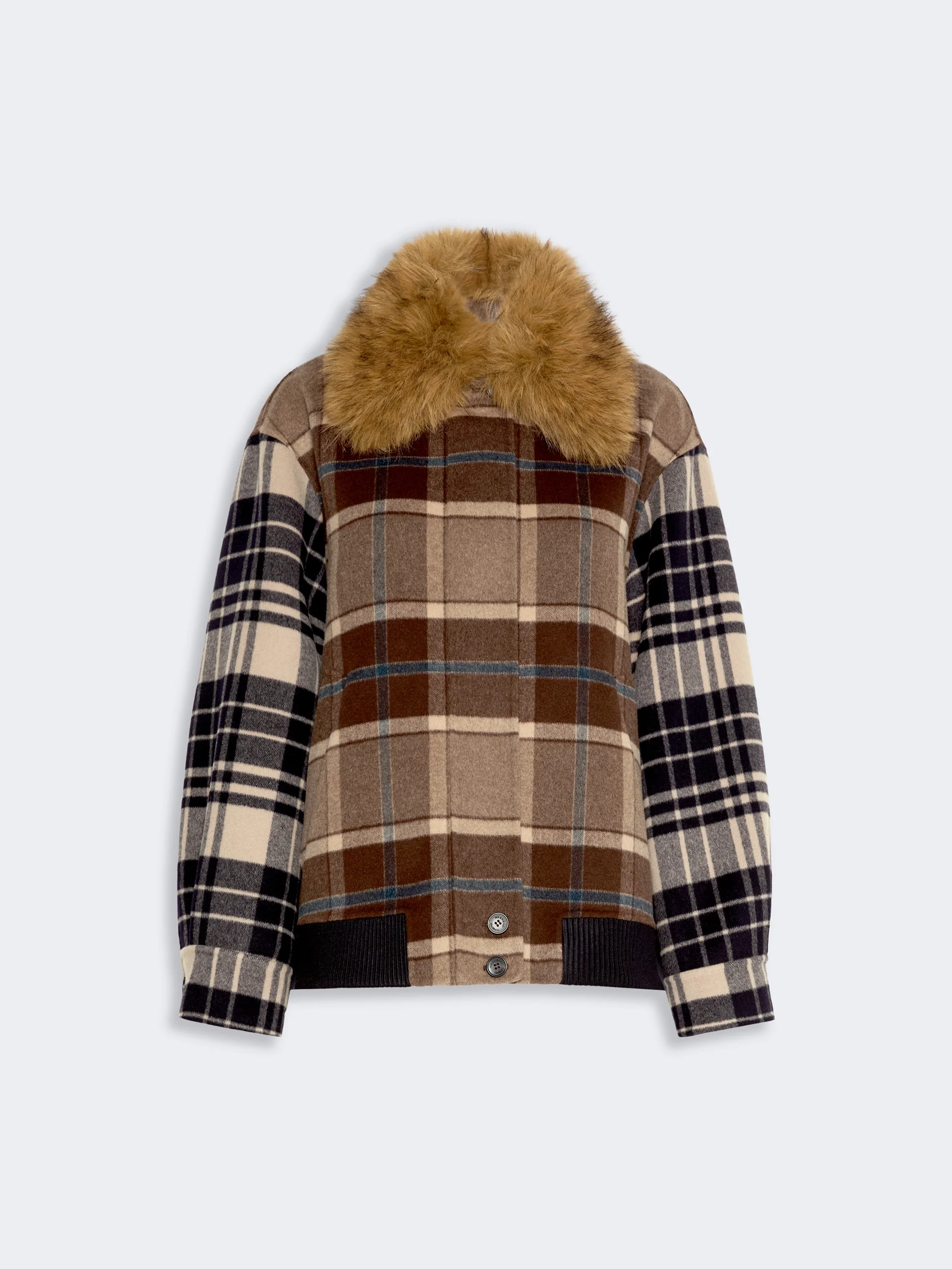 DIVINA Checked wool drap cloth bomber jacket - BROWN - 1