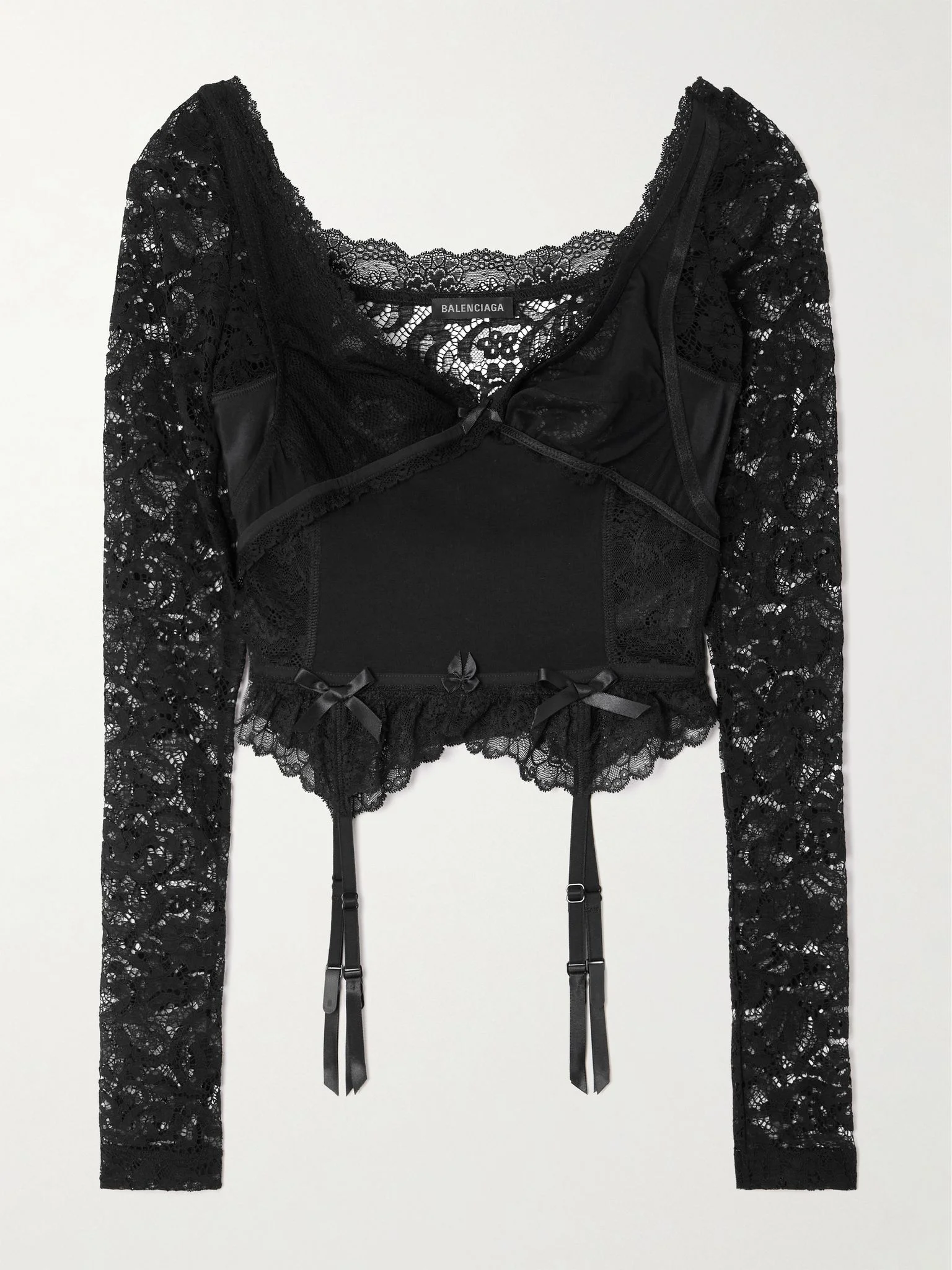 Cropped jersey and tulle-trimmed lace top Black - 1