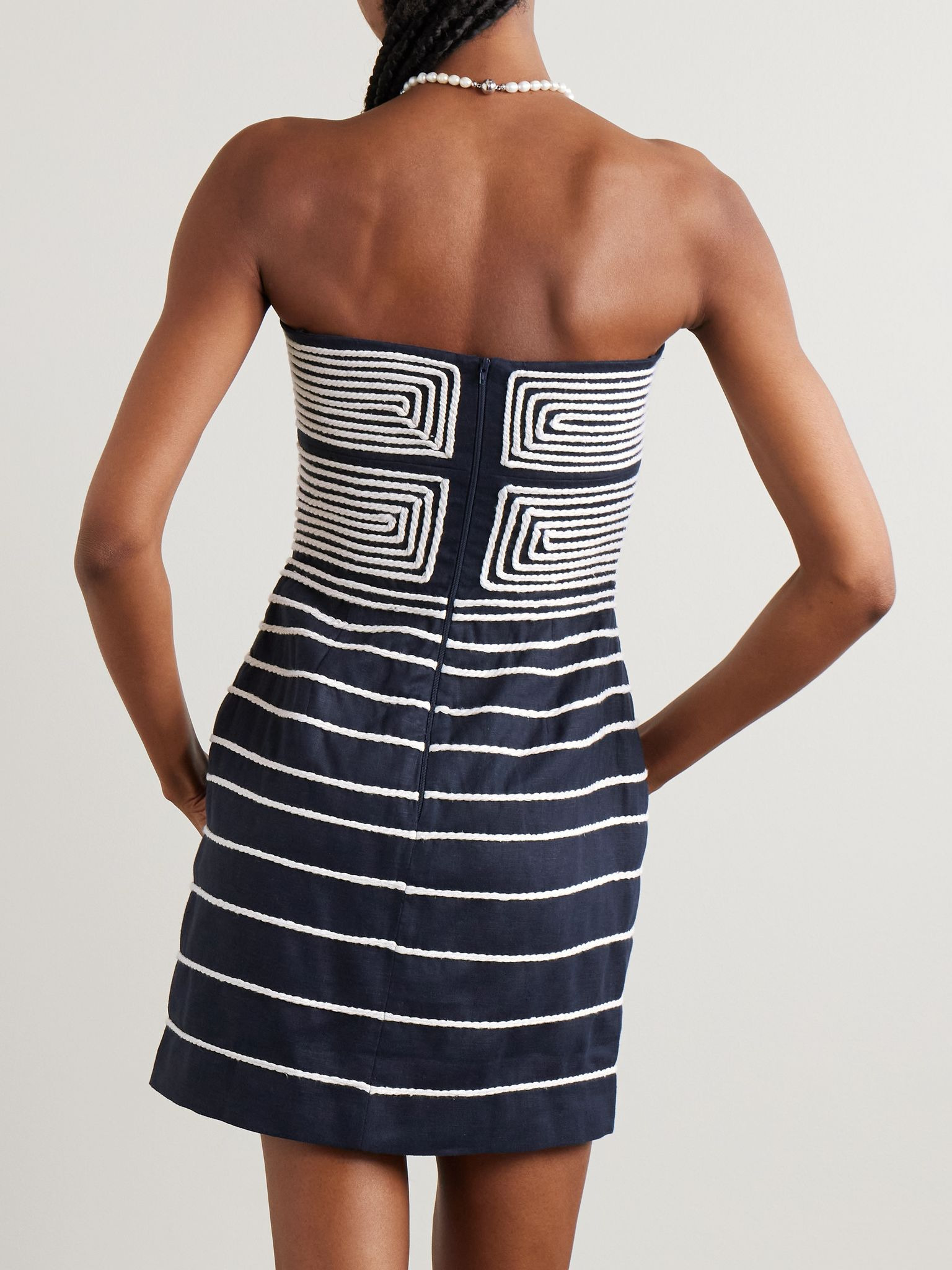 Muy Poetica strapless rope-trimmed cutout linen mini dress Navy - 3