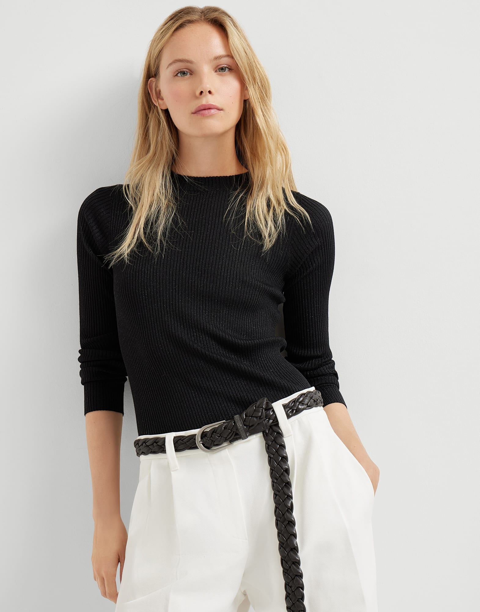 Sparkling cashmere and silk rib knit lightweight sweater - 4