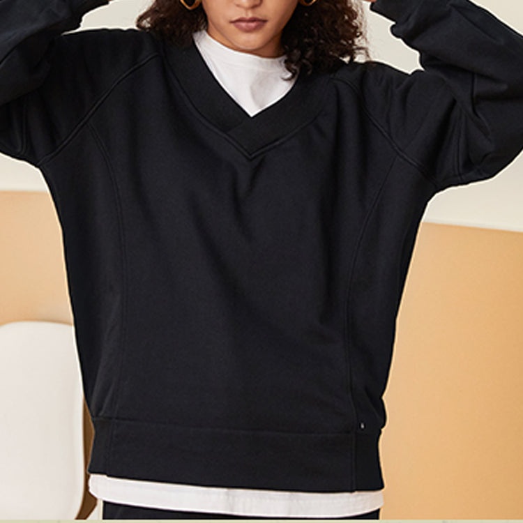 (WMNS) Converse Solid Color Loose Knit V neck Hoodie Black 10022959-A01 - 6