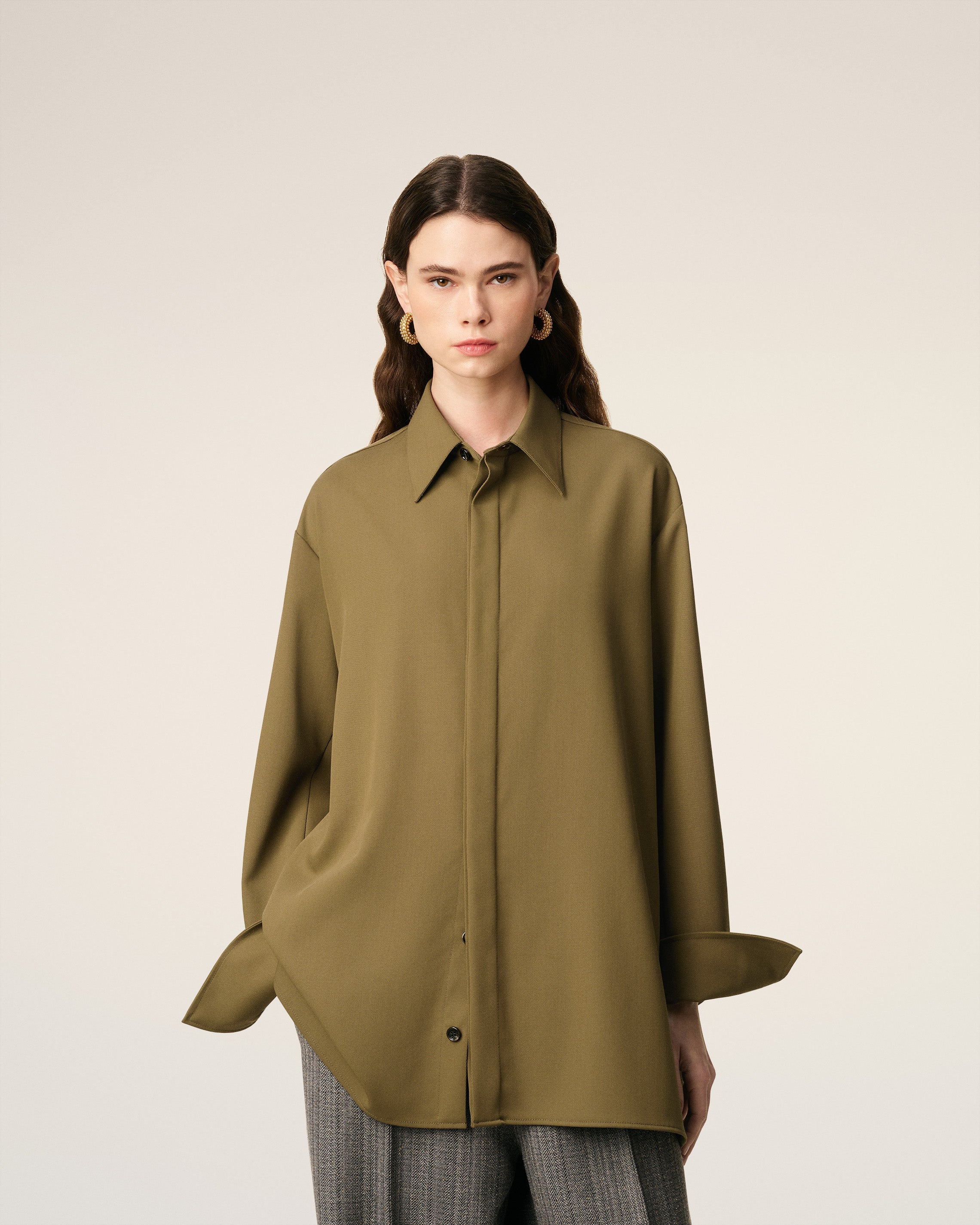 GREEN WOOL LONG OVERSIZED SIDE SLITS SHIRT - 3