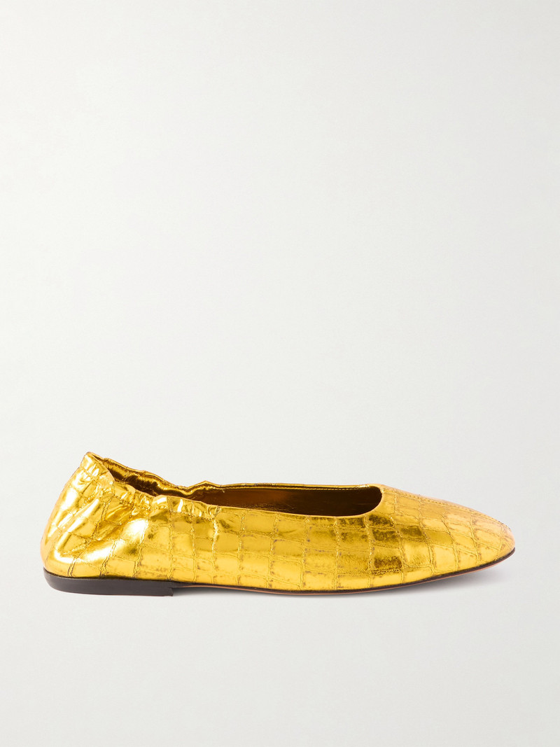 Metallic croc 효과 가죽 발레 플랫 골드 - 1