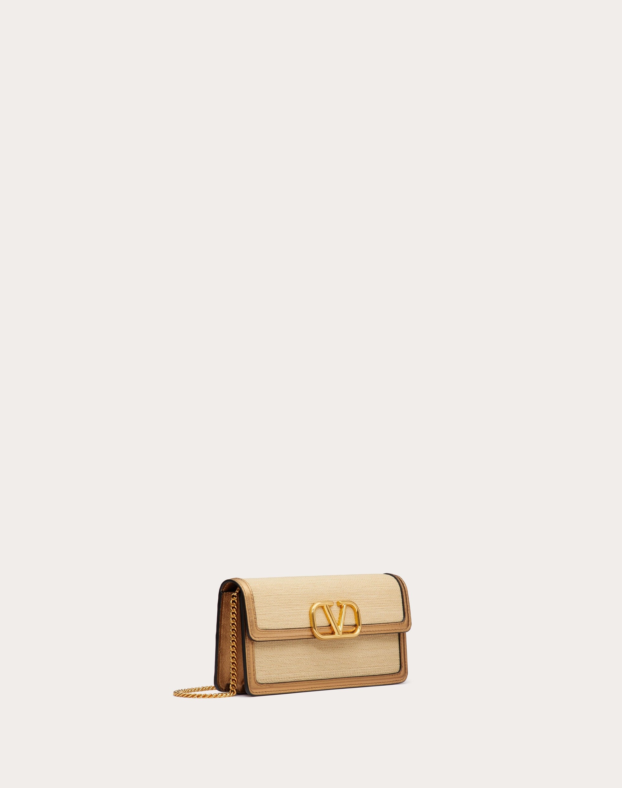 VLOGO SIGNATURE WALLET WITH CHAIN IN RAFFIA AND METALLIC CALFSKIN LEATHER - 2