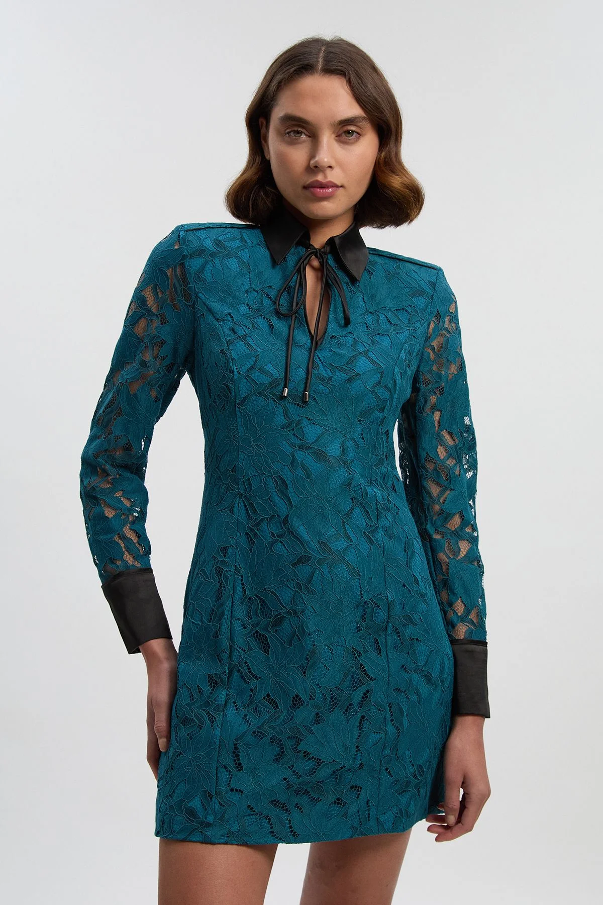 Tipped Corded Lace High Neck Detail Woven Mini Dress - 1
