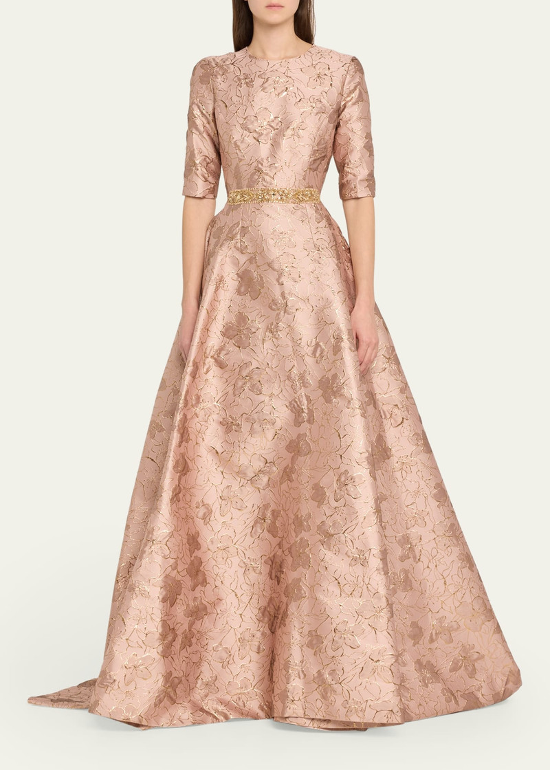 REEM ACRA Floral Brocade Gown With Crystal Belt outlook