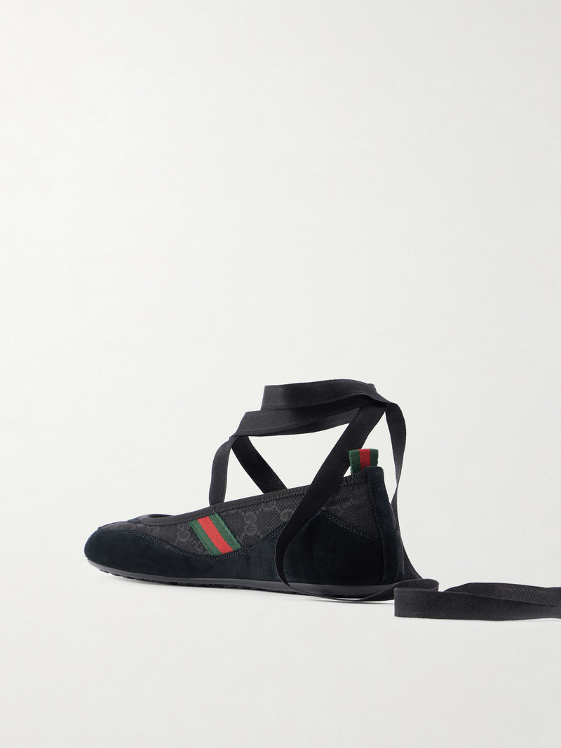 Embellished Webbing-trimmed Canvas And Suede Ballet Flats 3