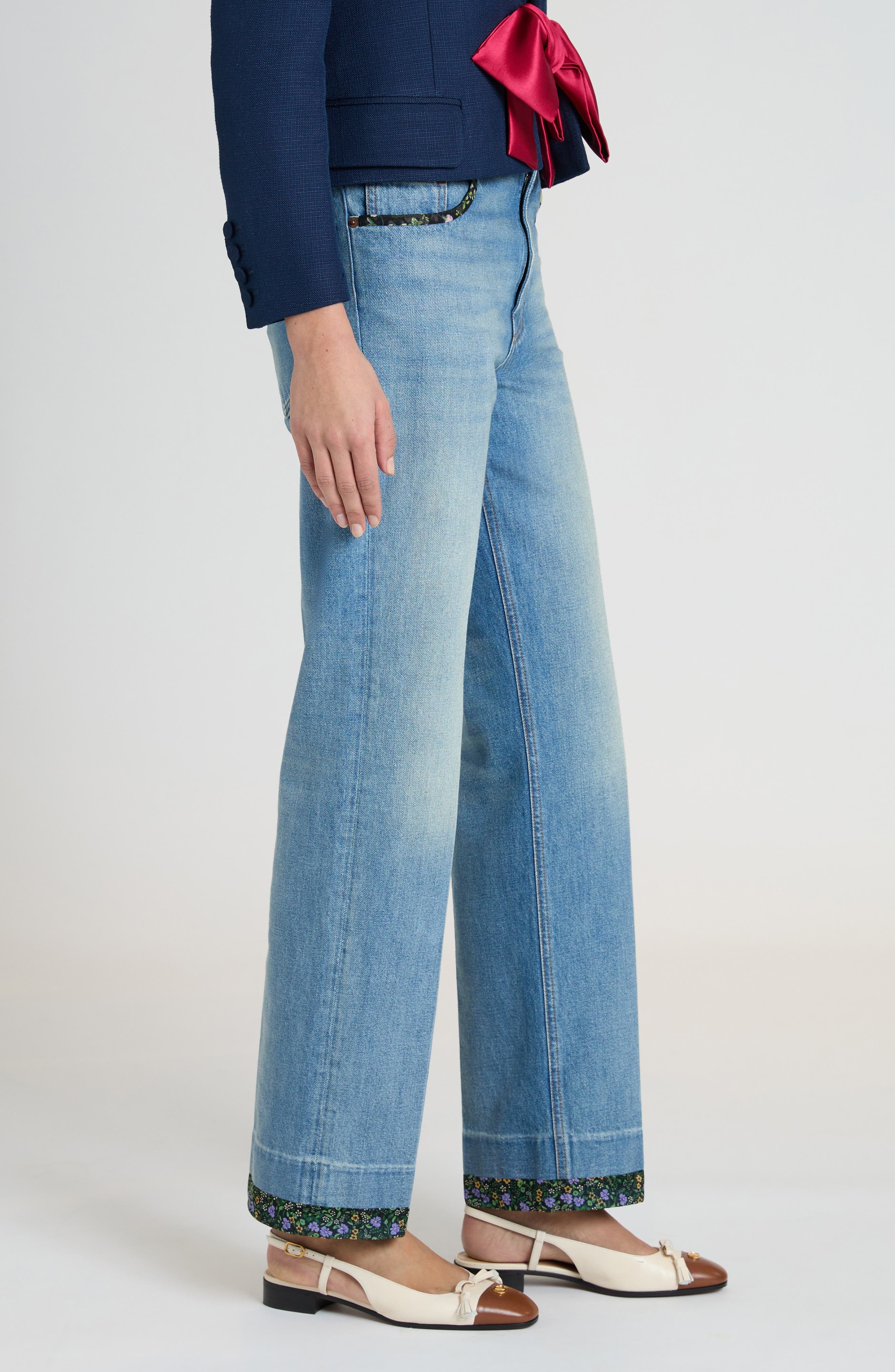 Valentino Garavani Floral Trim Straight Leg Jeans in Medium Blue Denim at Nordstrom - 4