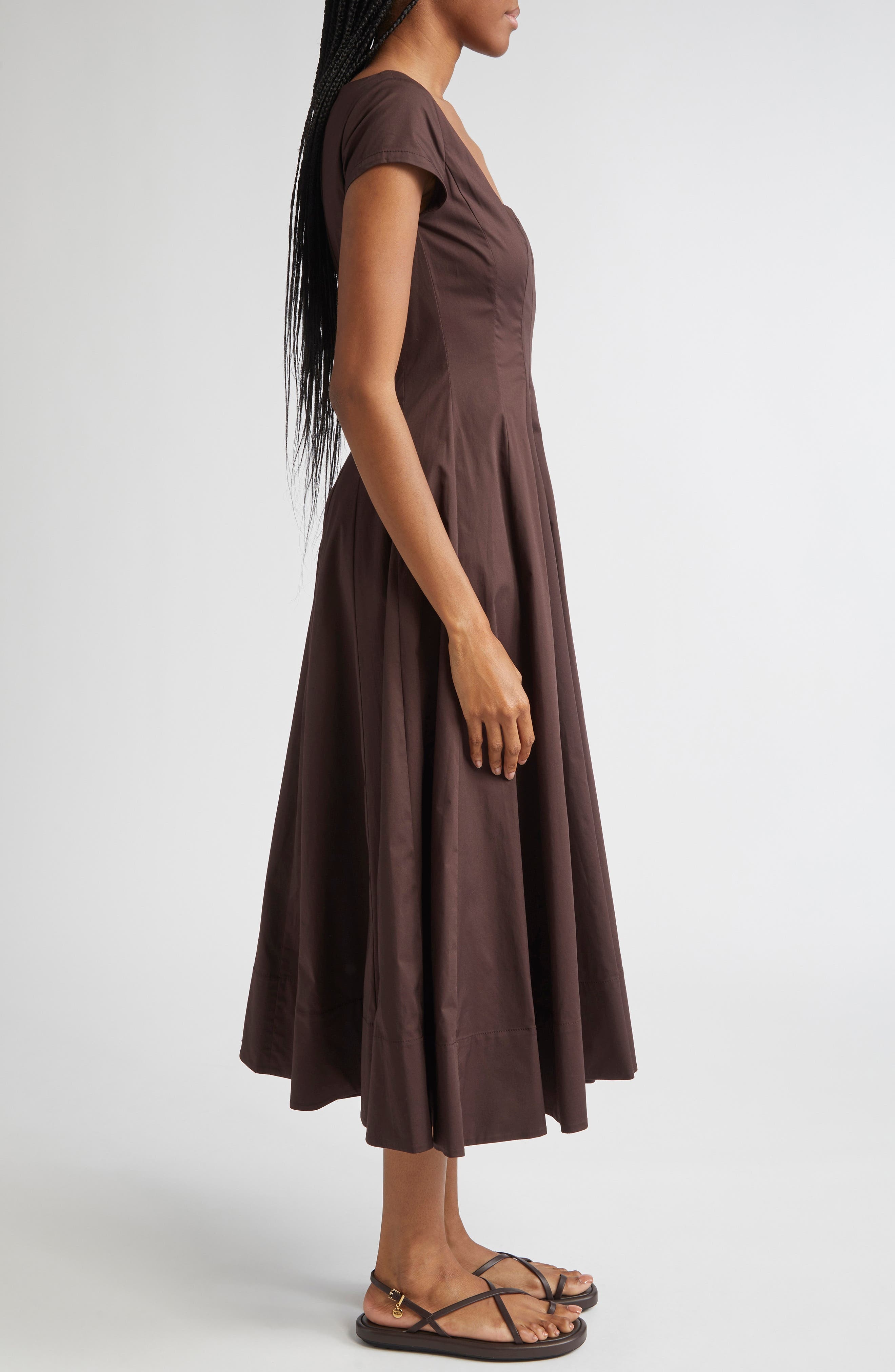 STAUD Wells Short Sleeve Stretch Cotton Midi Dress in Earth at Nordstrom - 3