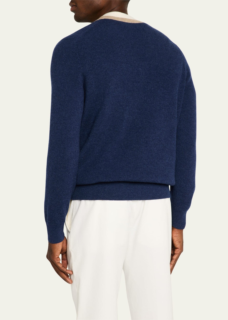 Men's Cashmere Double Varsity Stripe V-Neck Sweater 3