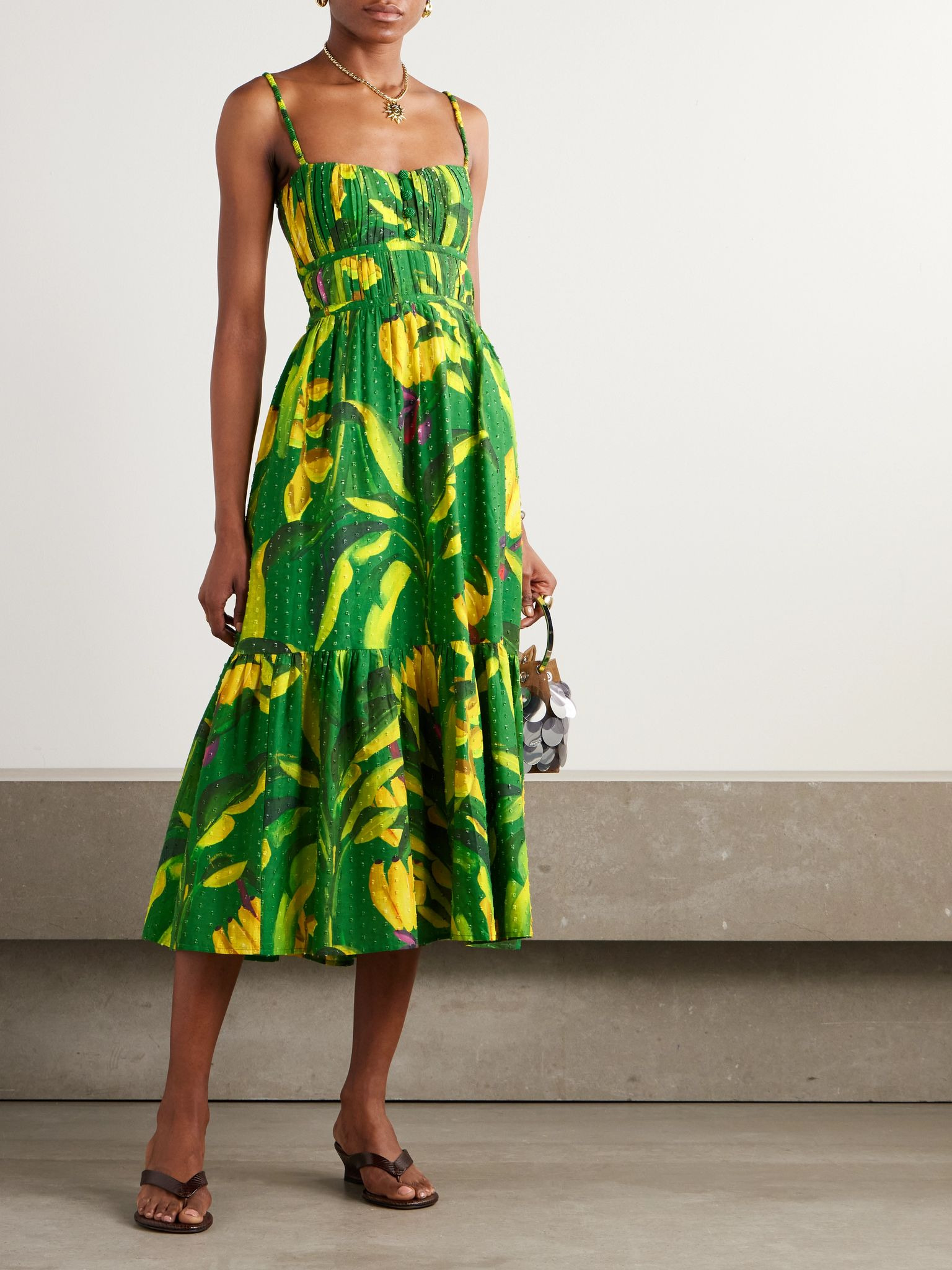 Banana Aquarela pleated printed swiss-dot linen midi dress Green - 2