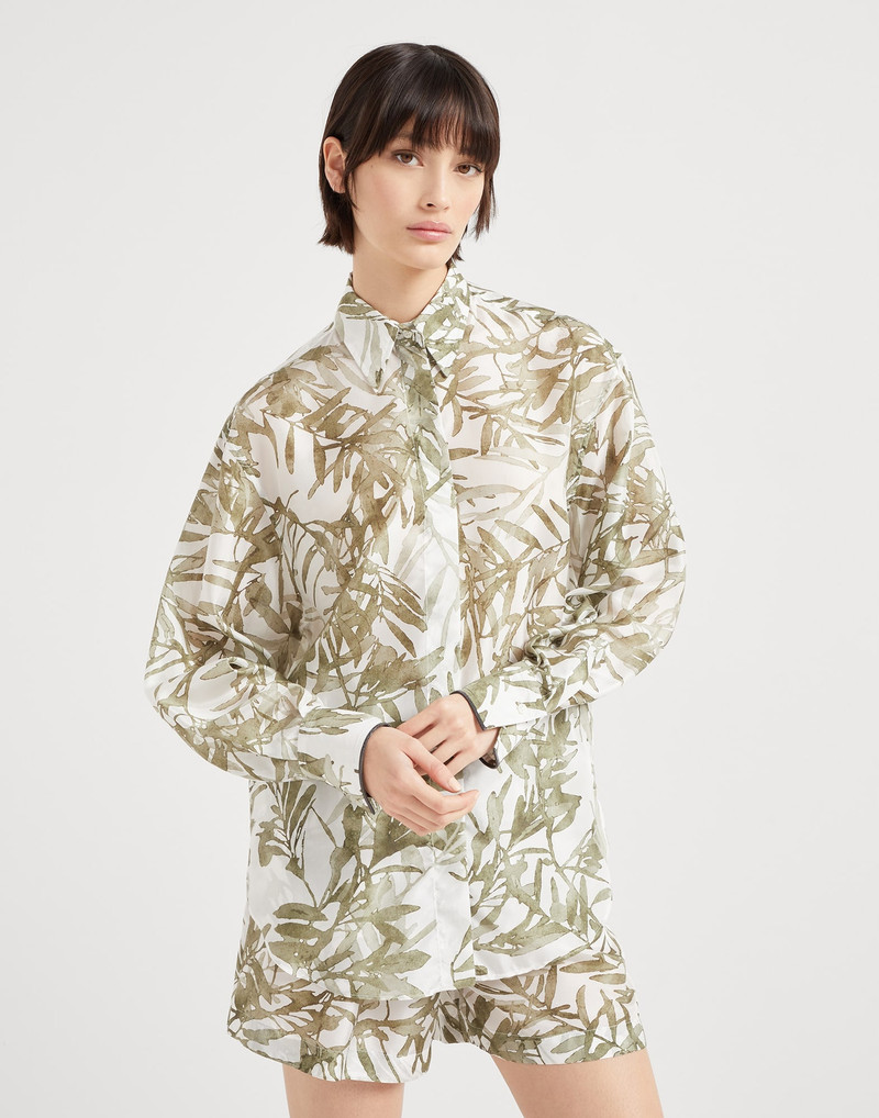 Silk herbarium print pongee shirt with shiny cuffs - 1