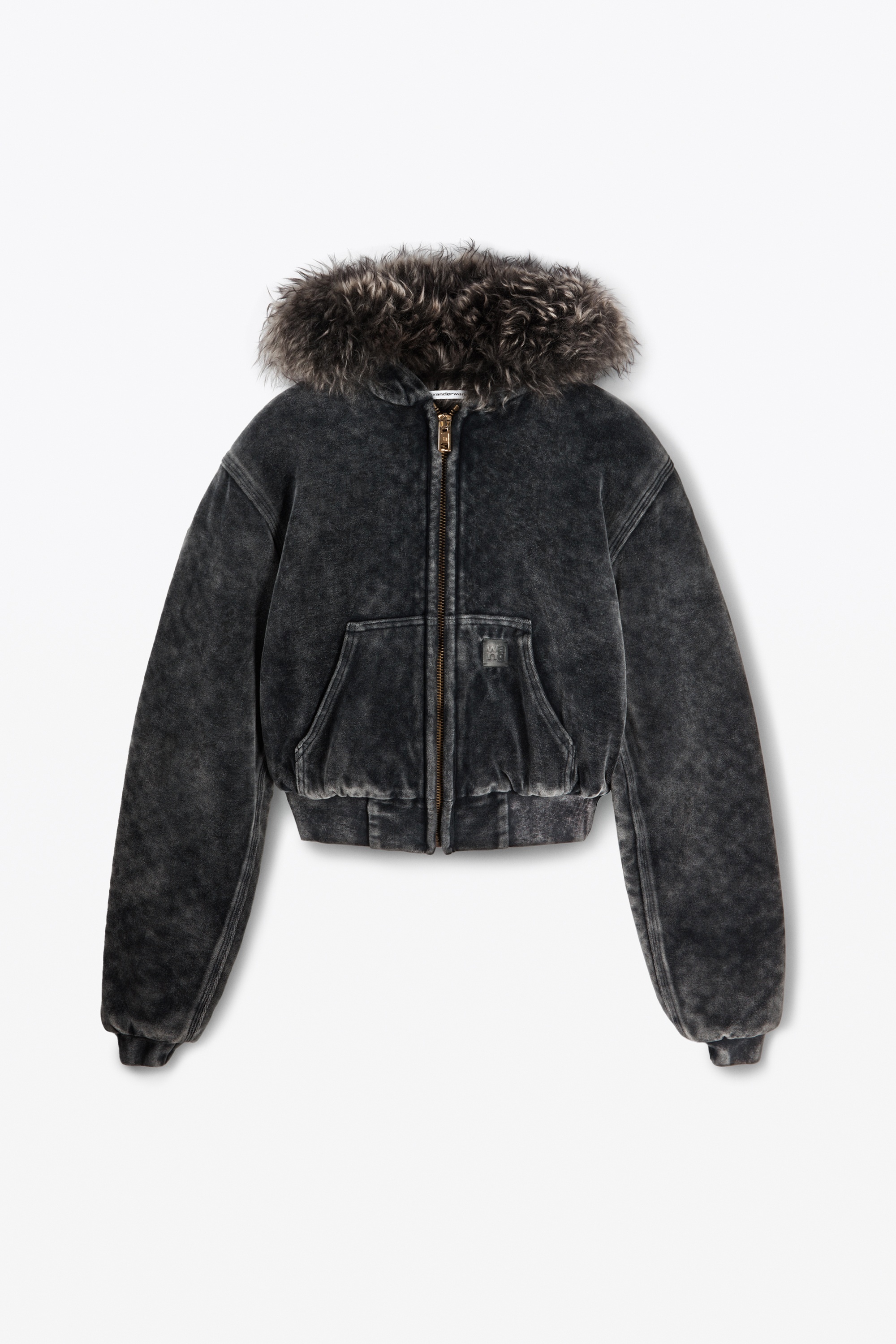 zip-up hoodie in velour with shearling hood - 1