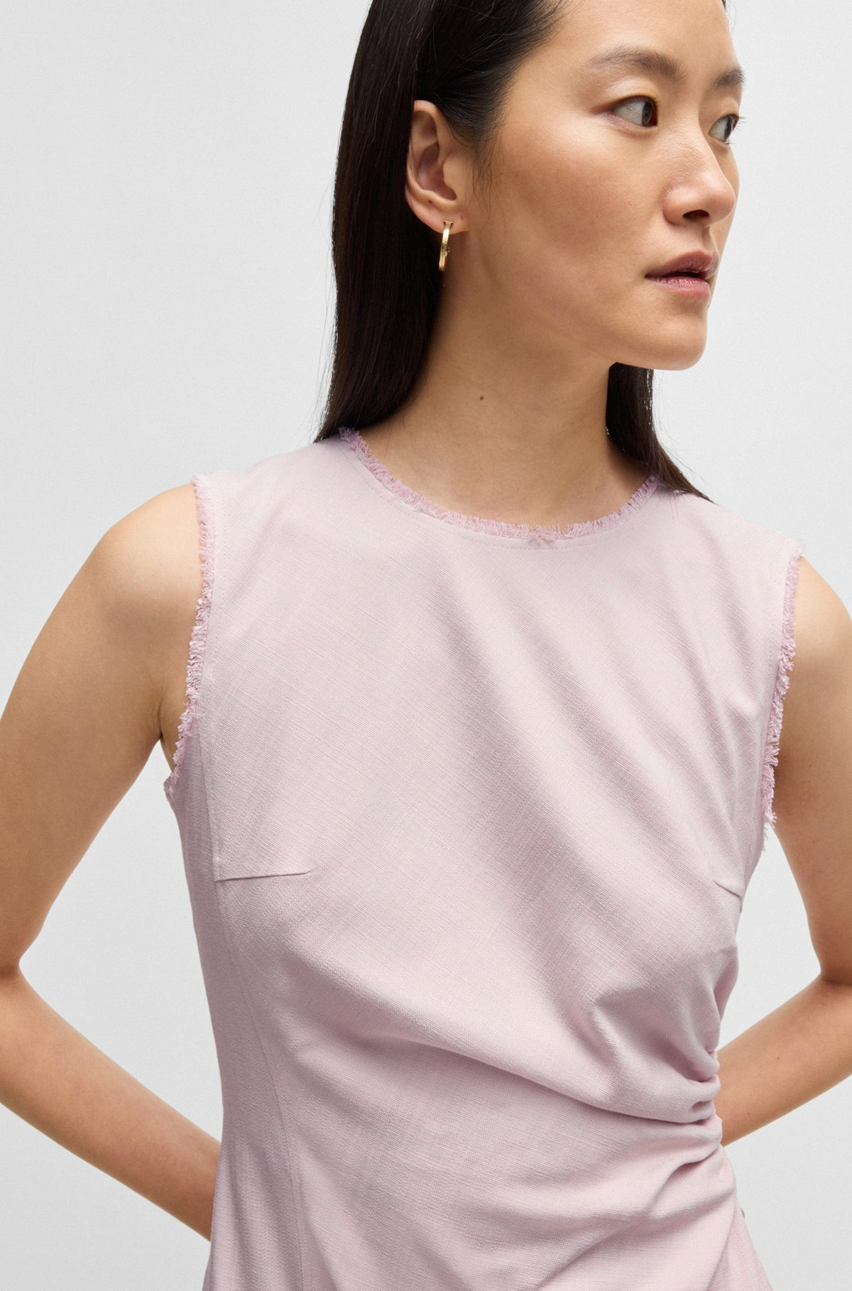 MELANGE DRESS WITH FRAYED AND GATHERED DETAILS - 5