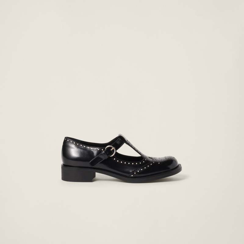 Brushed leather T-strap brogue shoes 2