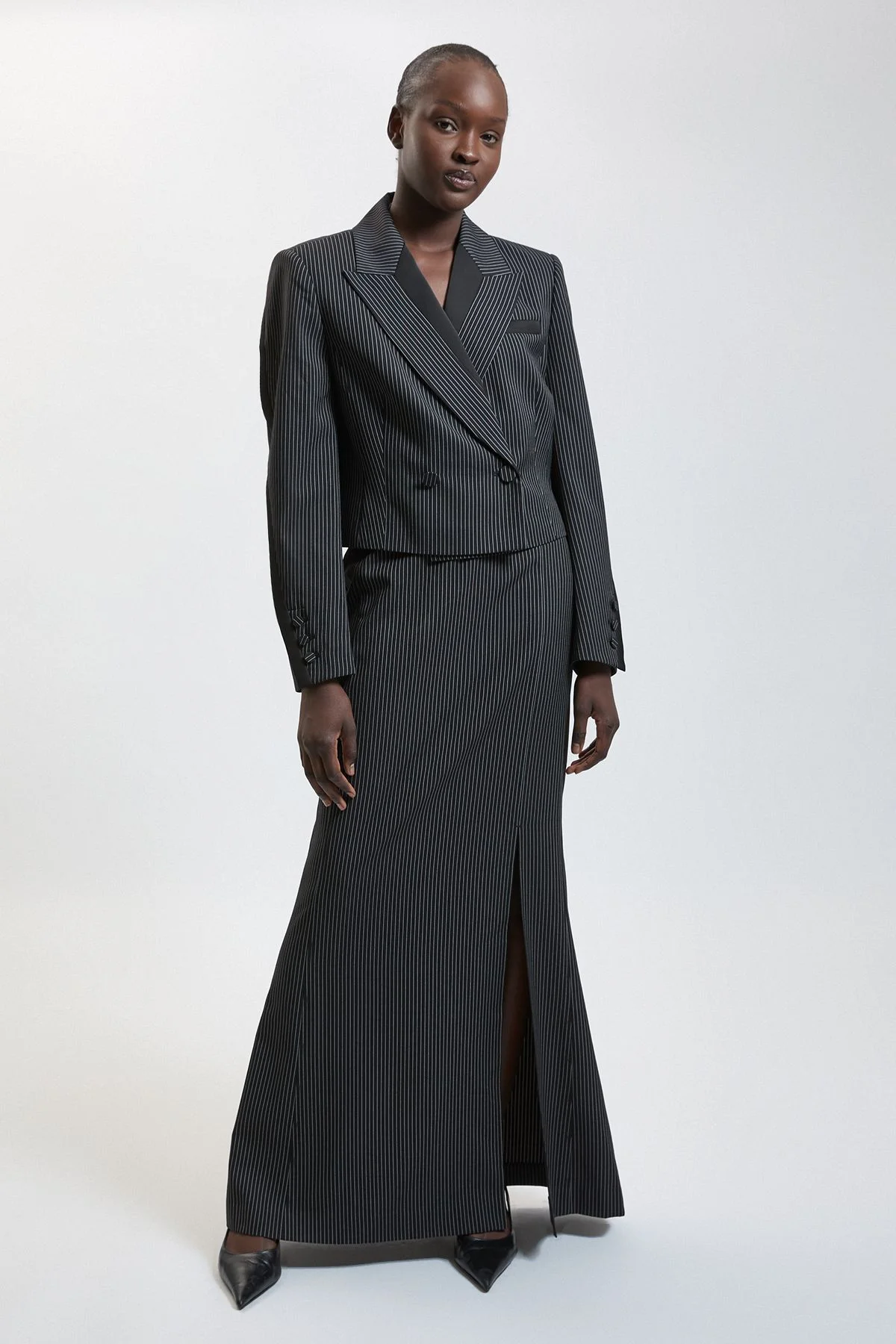 Pinstripe Satin Mix Tailored Maxi Skirt - 1