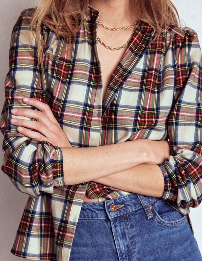 Layla Brushed Cotton Top-Ivory, Blue and Red Check 3