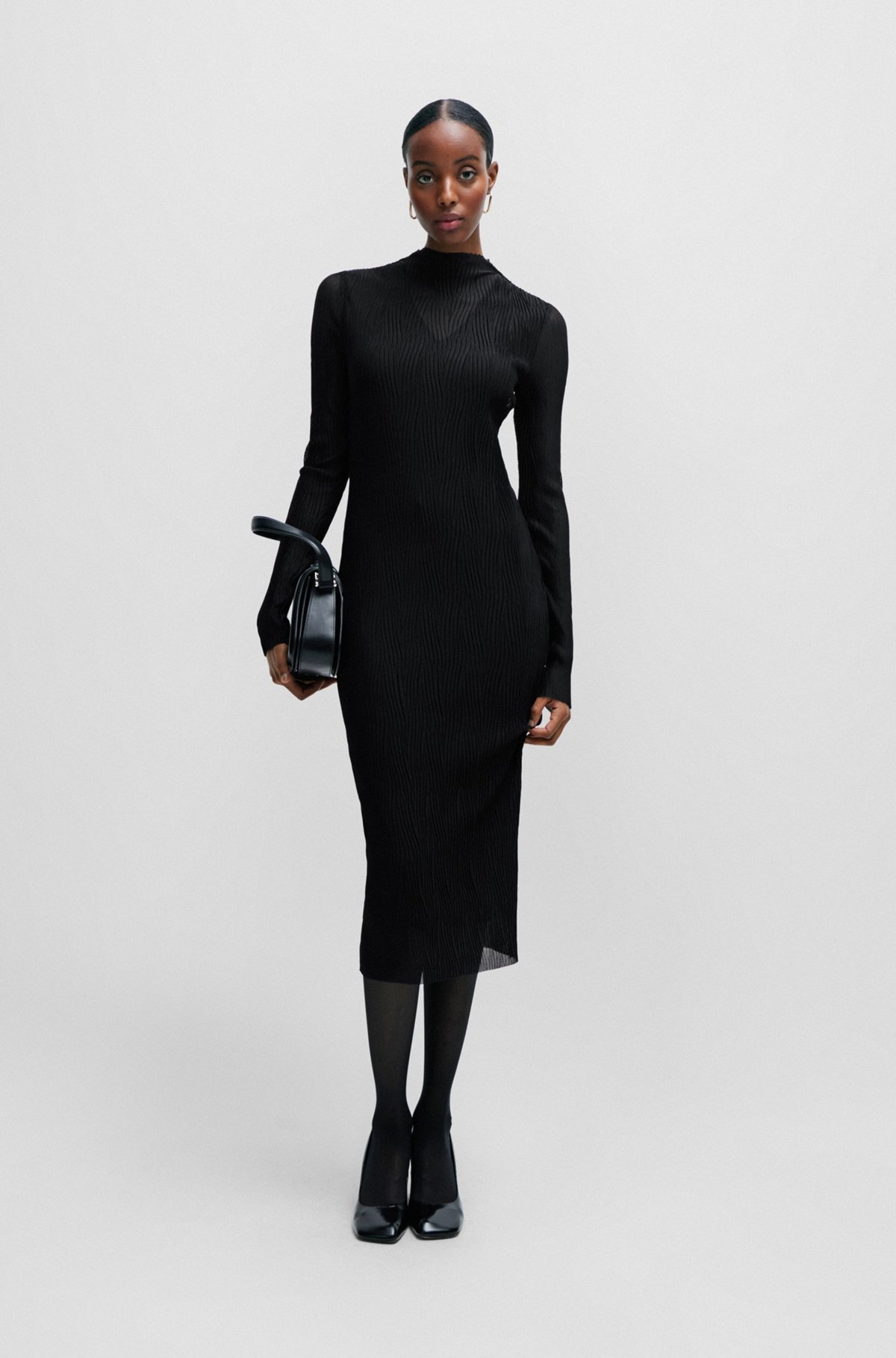 LINED DRESS IN PLISSÉ TULLE WITH MOCK NECKLINE - 3