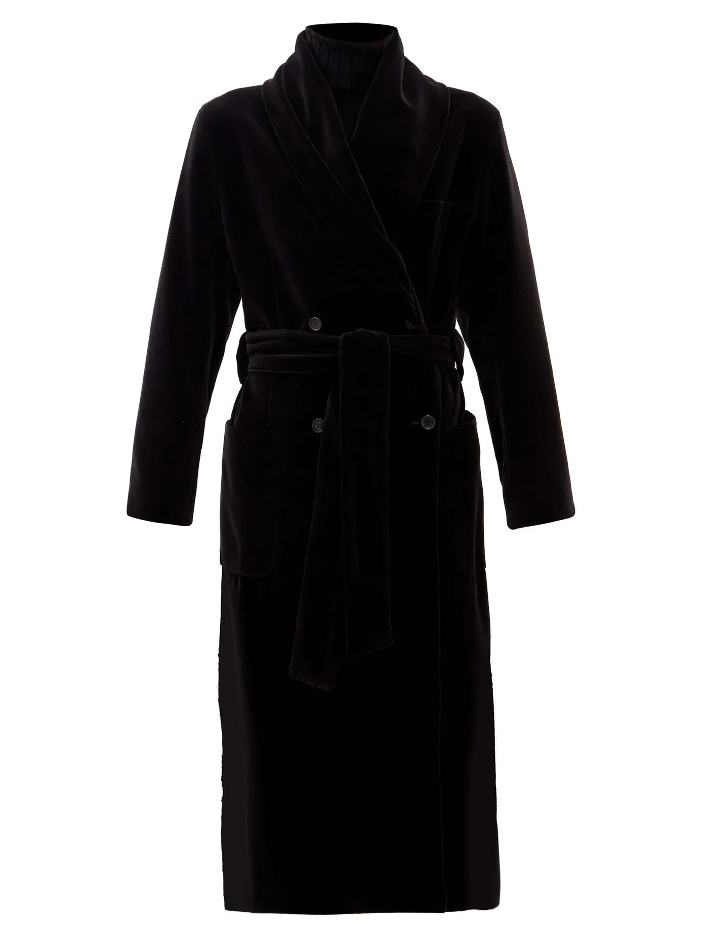 Gathered-collar waist-sash cotton-velvet coat - 1