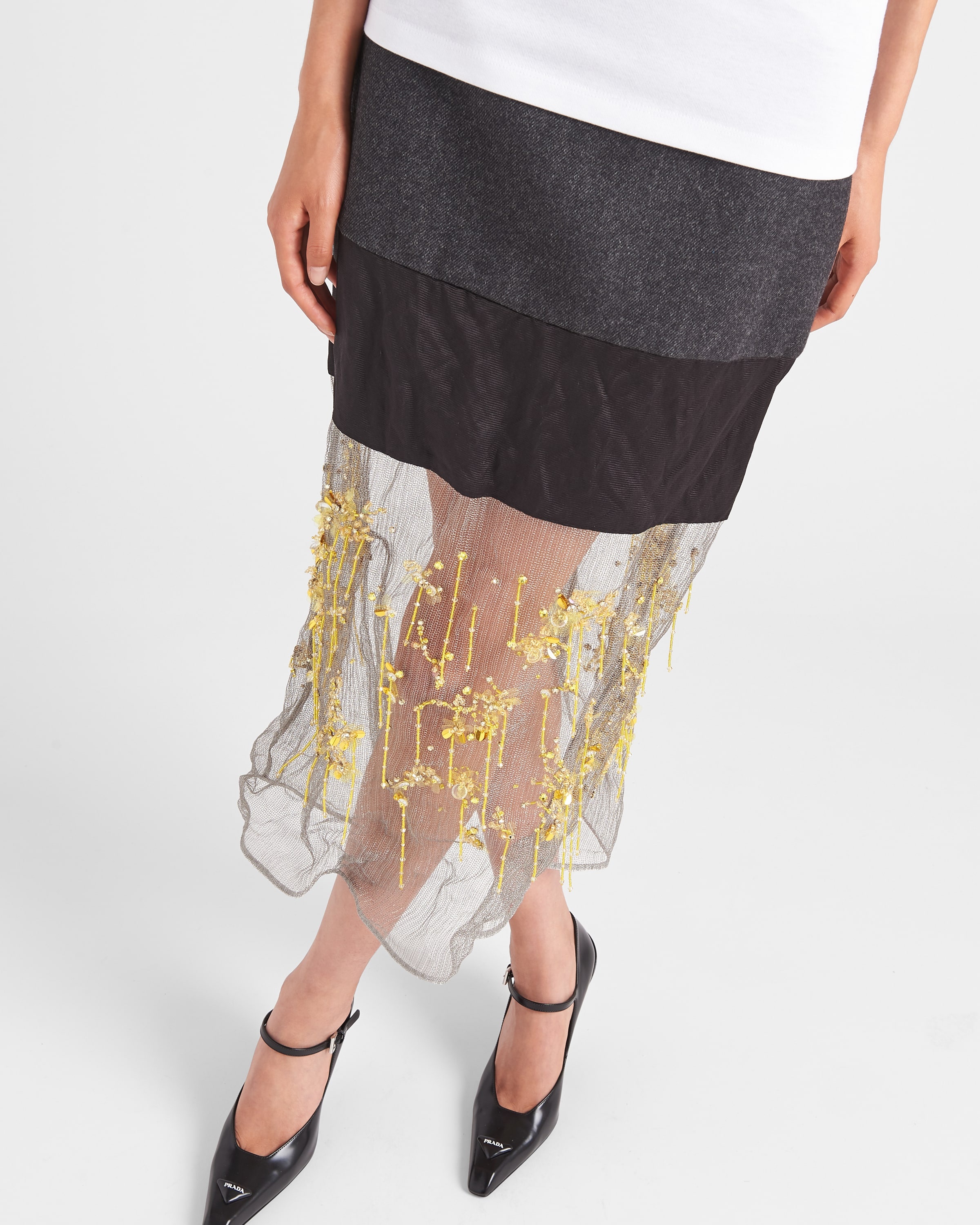 Embroidered cloth and mesh midi-skirt - 3