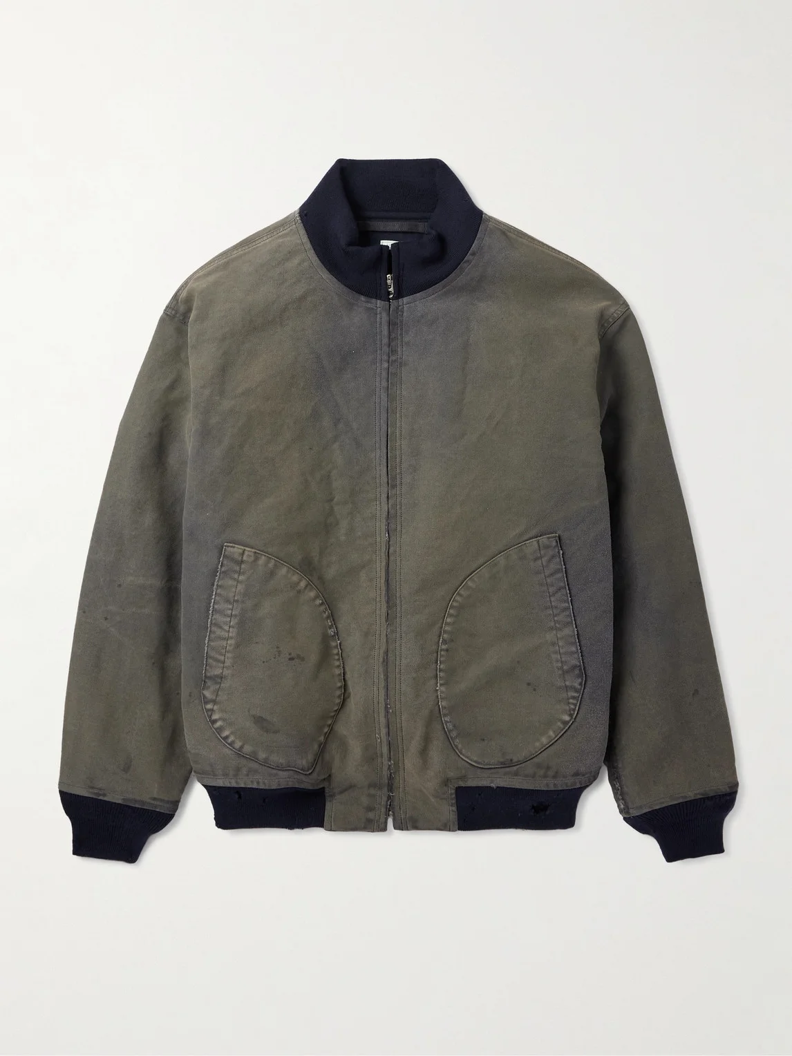 Vintage Distressed Ribbed Wool-Trimmed Denim Bomber Jacket - 1