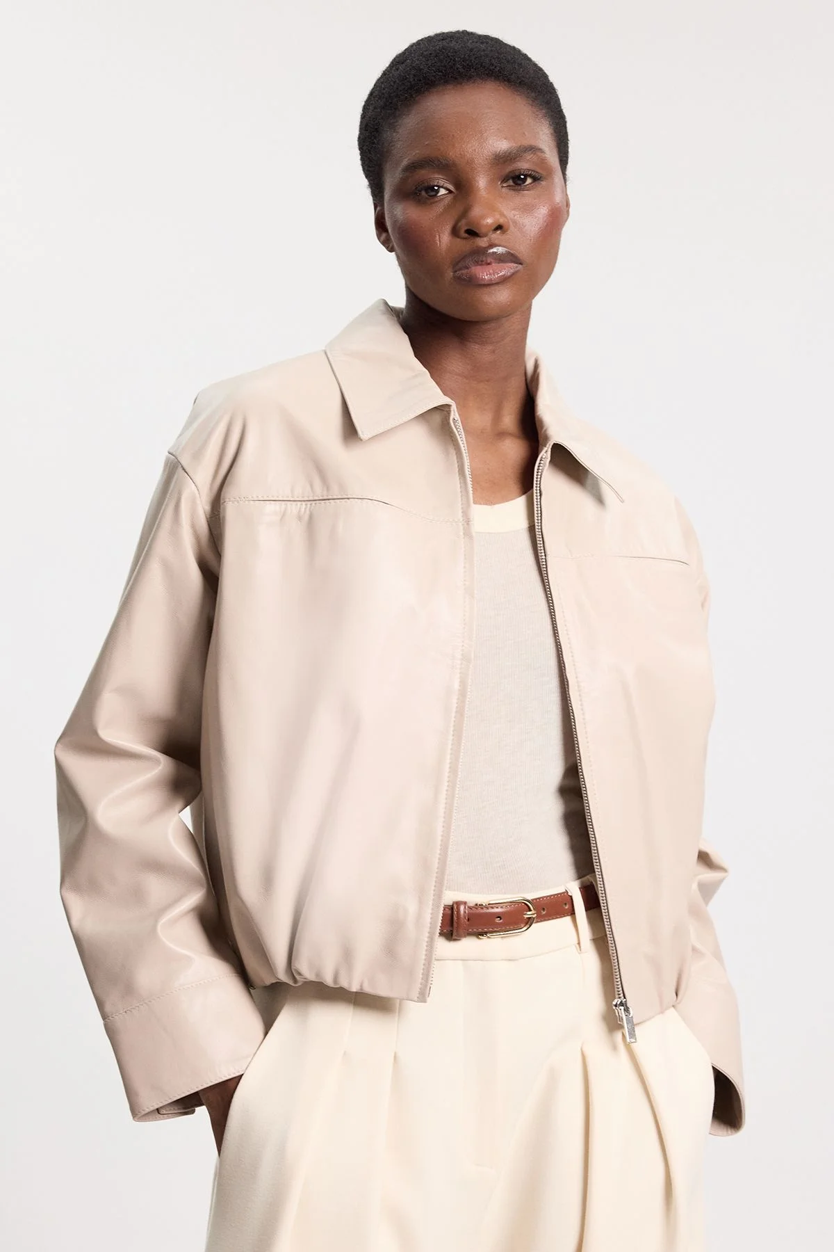 Leather Collared Bomber Jacket - 1
