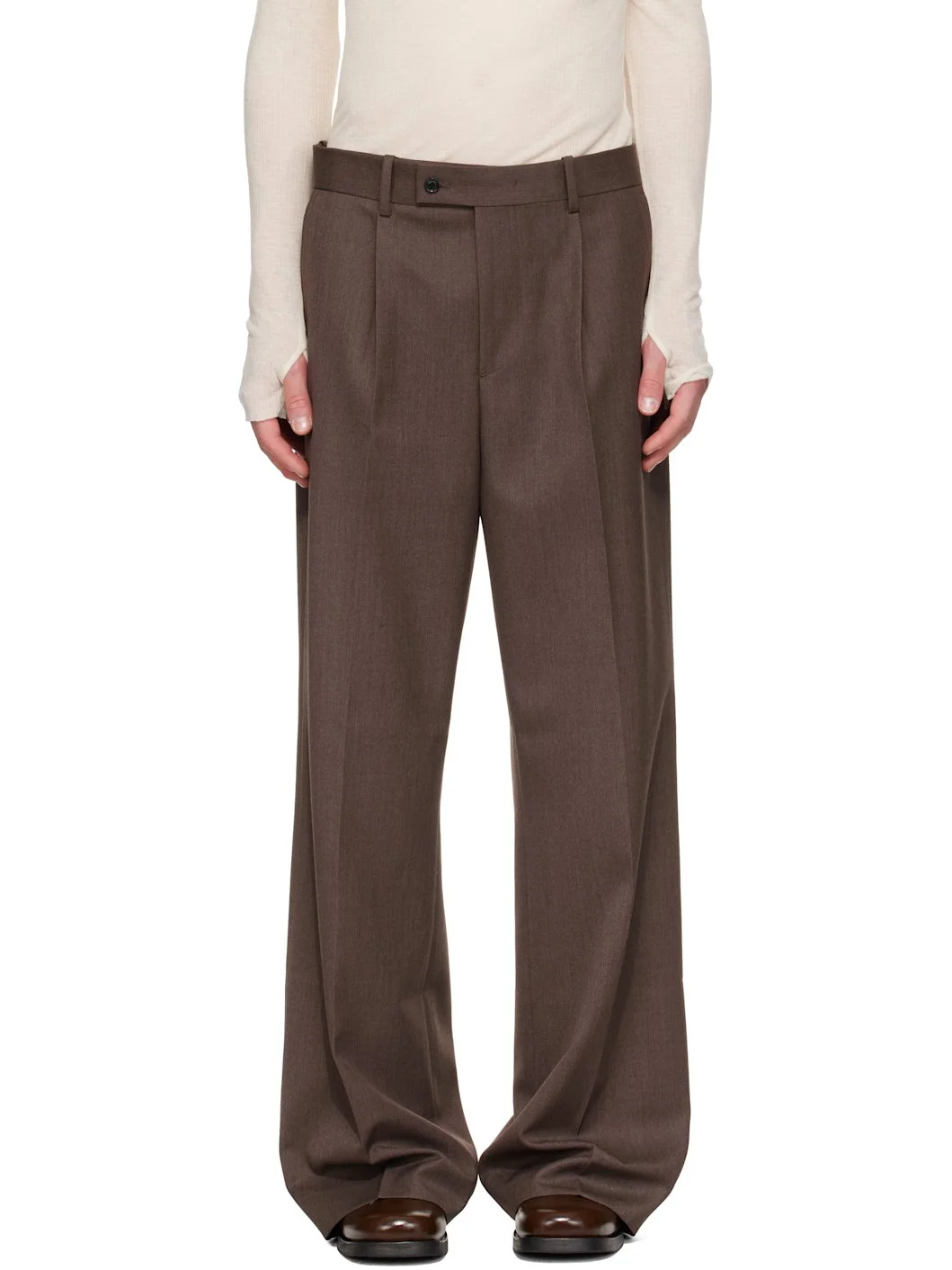 Brown Melange Wool Wide-Leg Pleated Trousers - 1