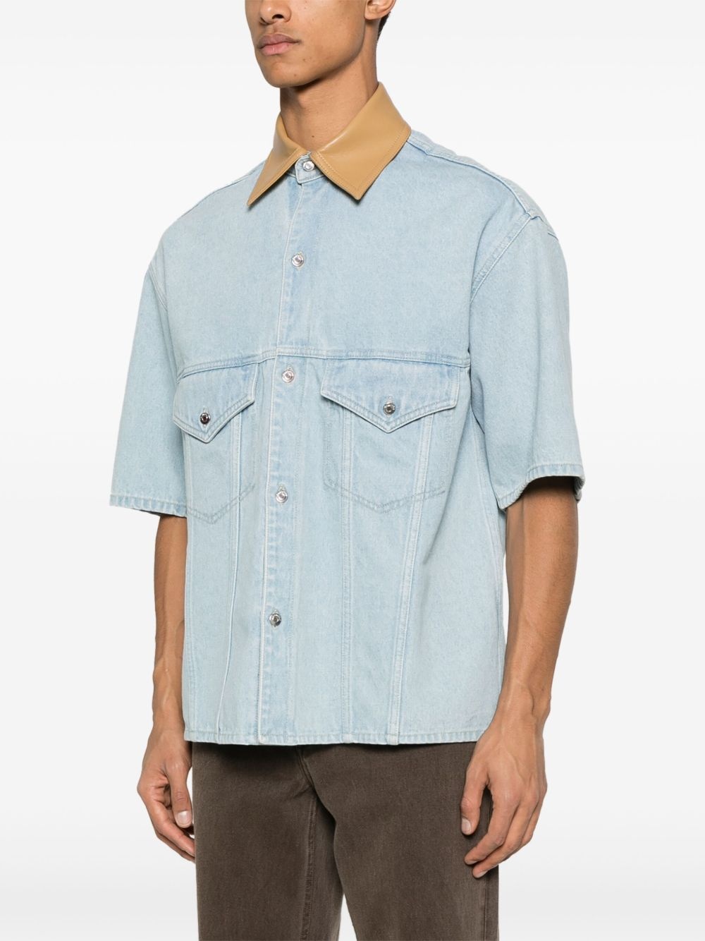 leather-collar denim shirt - 3