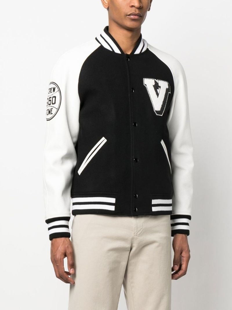logo-patch leather sleeve bomber jacket - 3