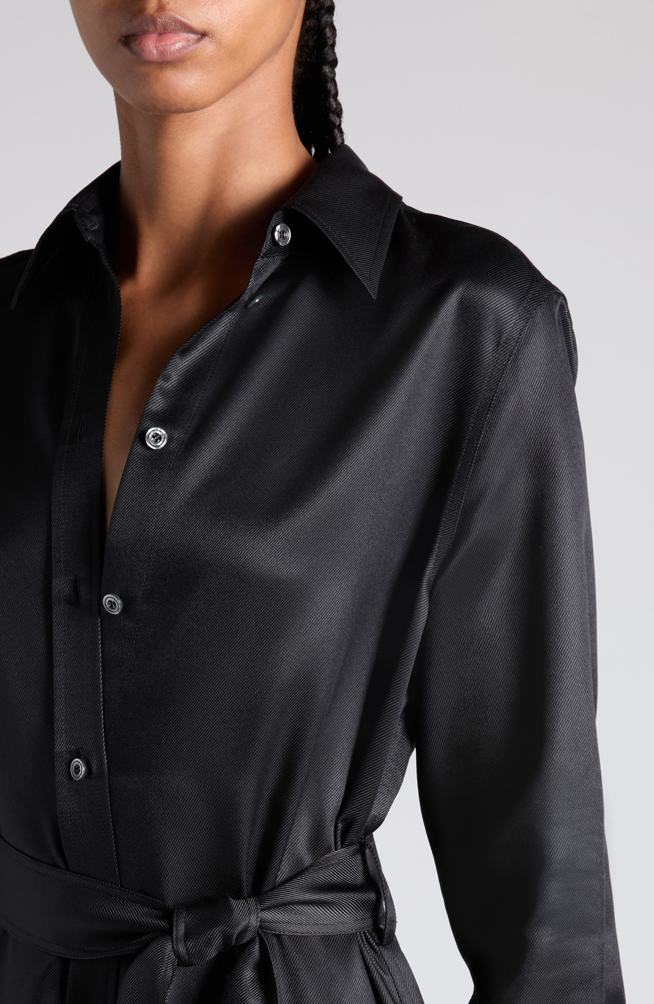 TOM FORD Long Sleeve Silk Twill Belted Shirtdress in Lb999 Black at Nordstrom - 4