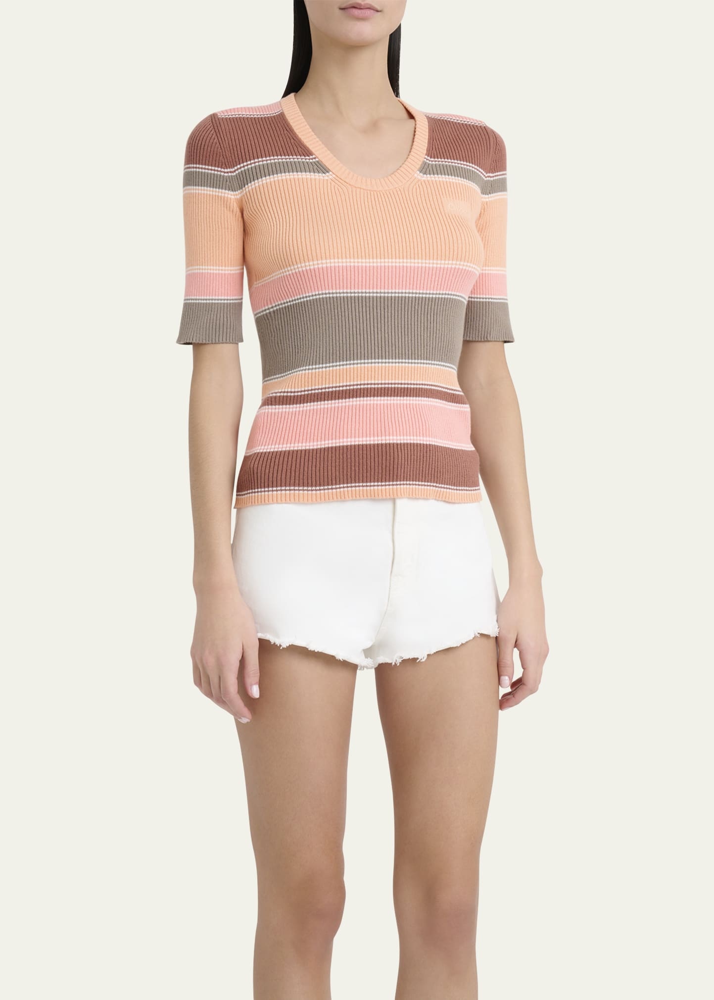 Striped Crewneck Rib Knit Cotton Top - 4