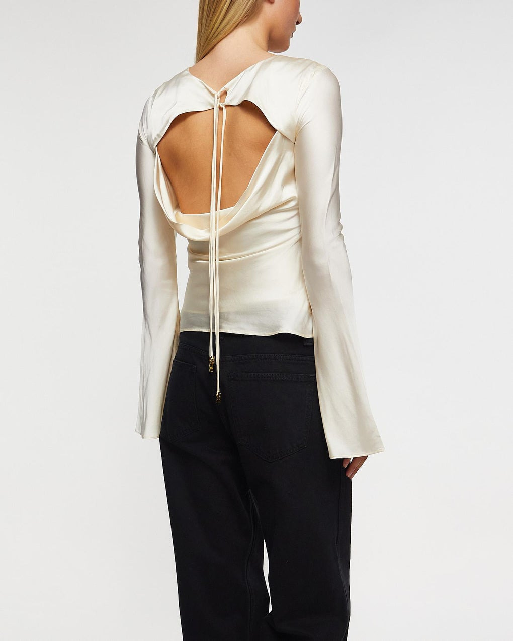 Blouse Solid Stretch Satin Long Sleeve Egret - 4