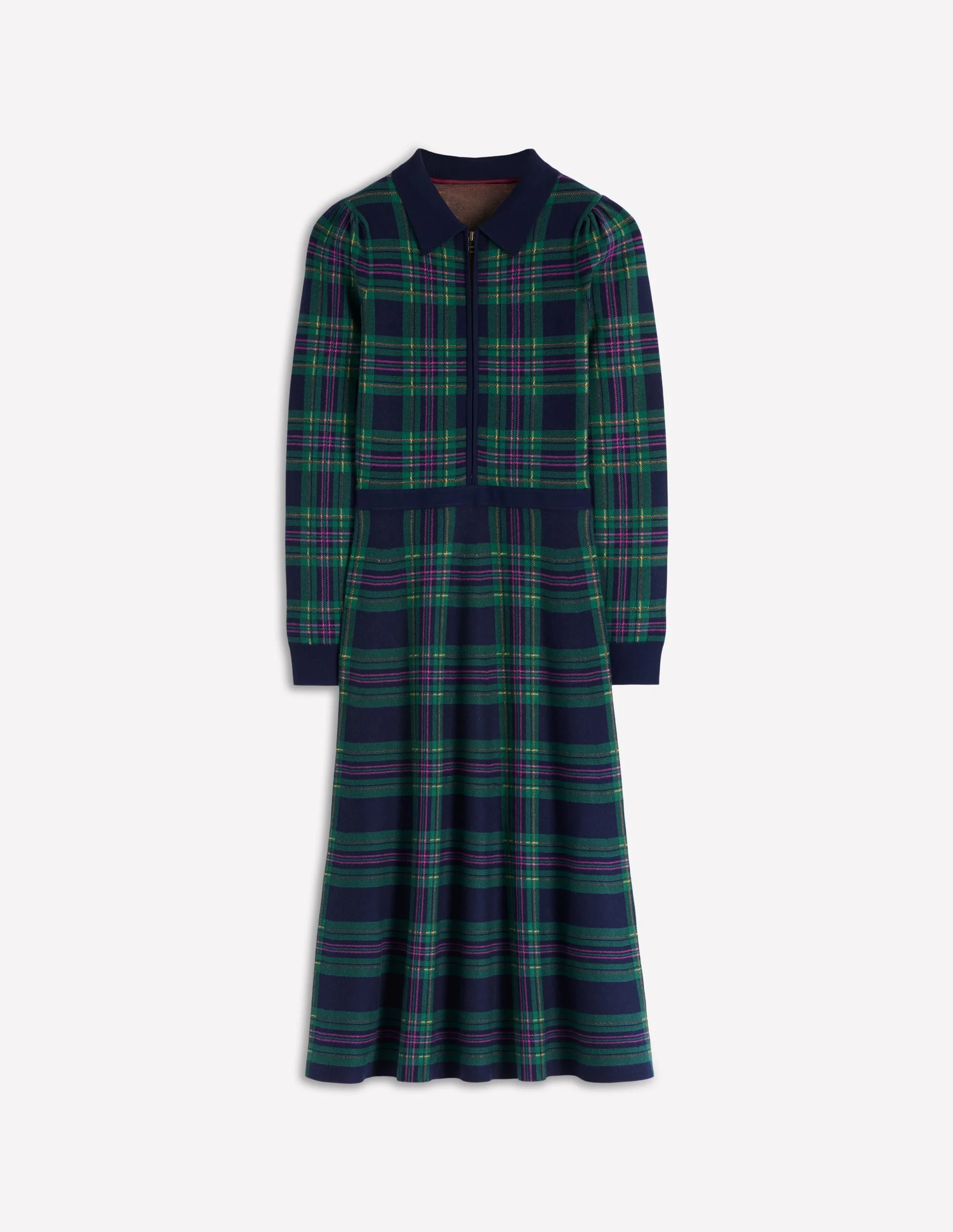 Fiona Zip Front Knitted Dress-Green Check - 1