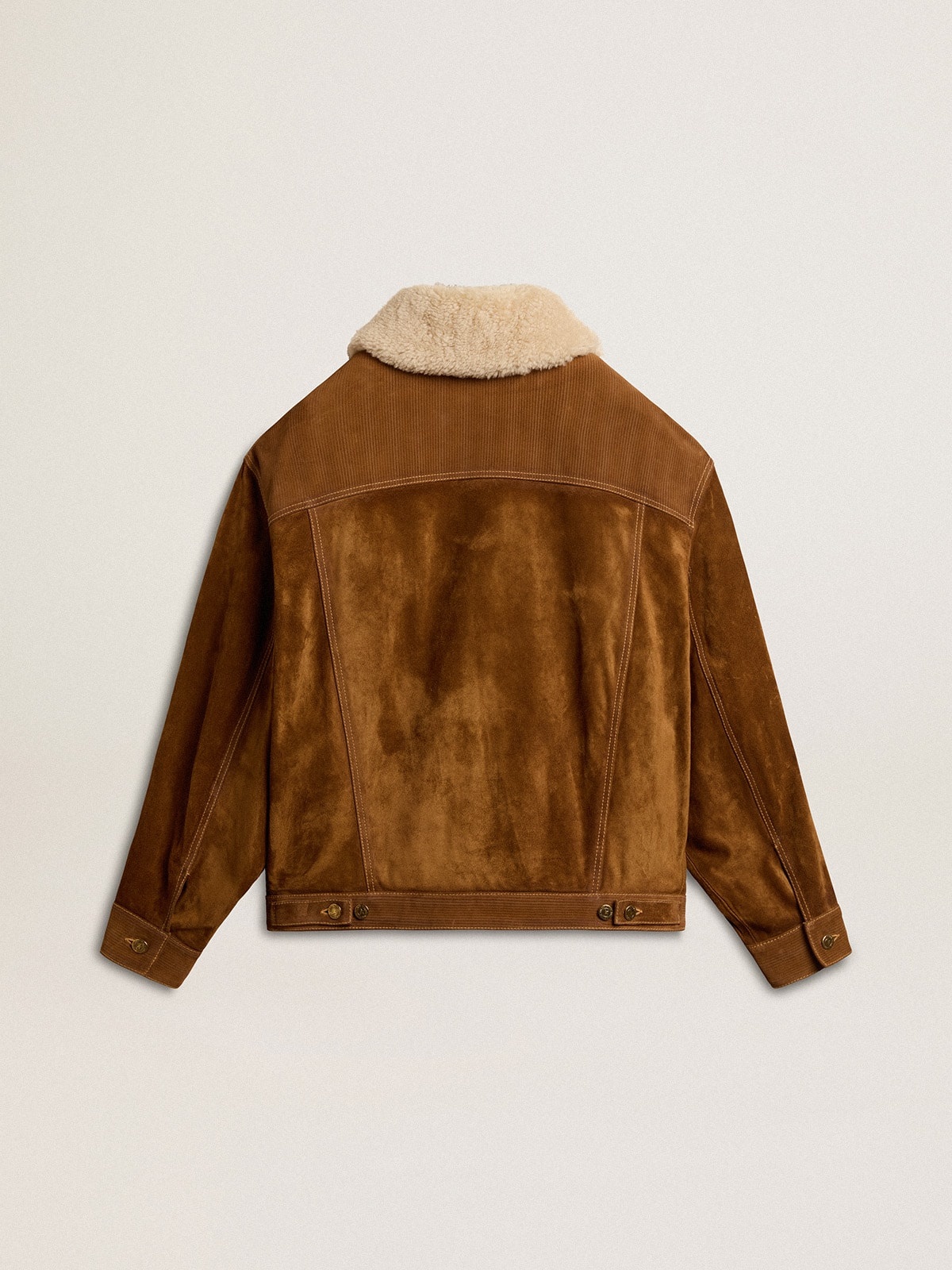 Women's jacket in tobacco-colored split leather with a shearling collar - 7