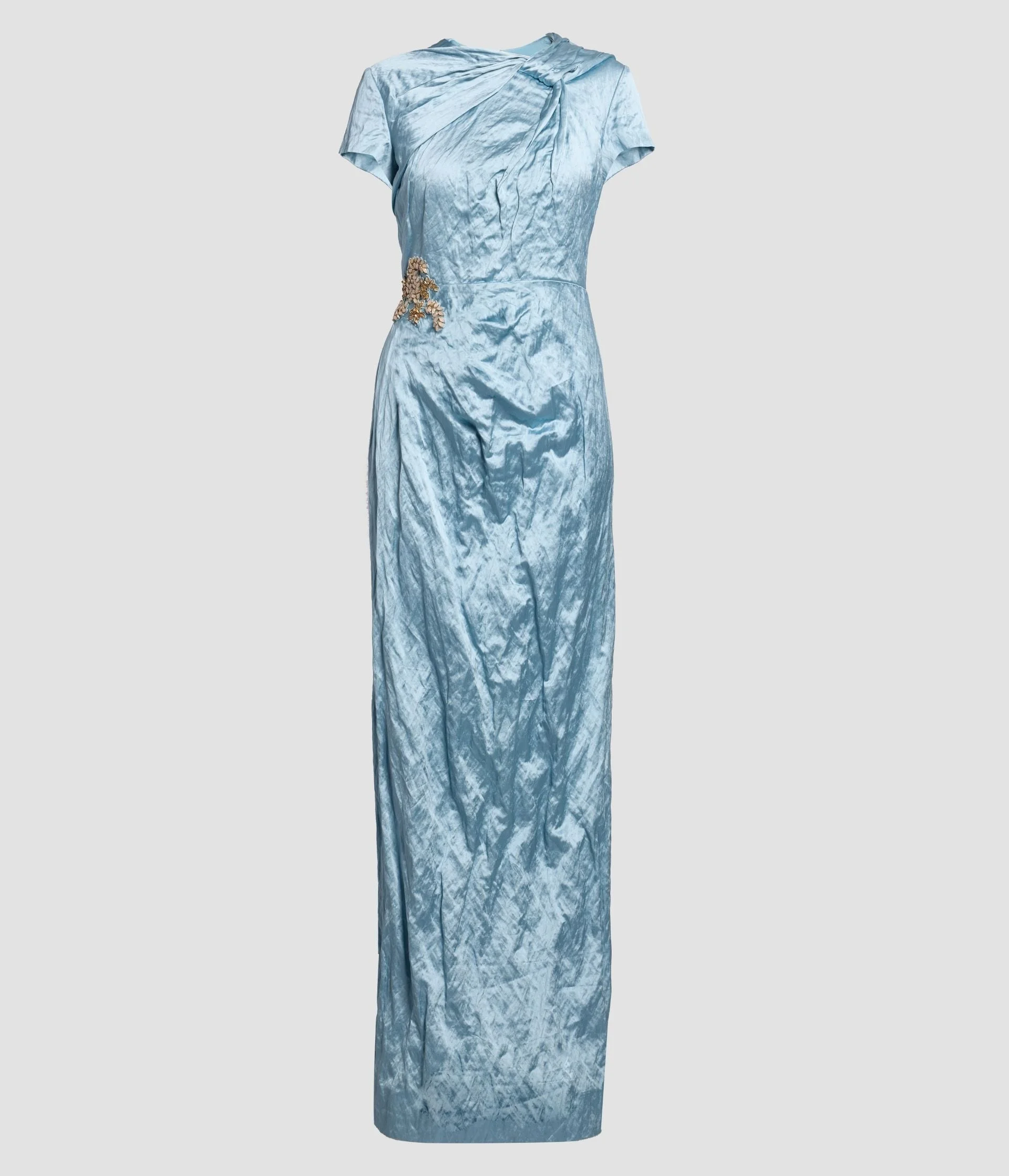 EMBROIDERED TEXTURED SATIN SHORT SLEEVE DRAPED GOWN - 1
