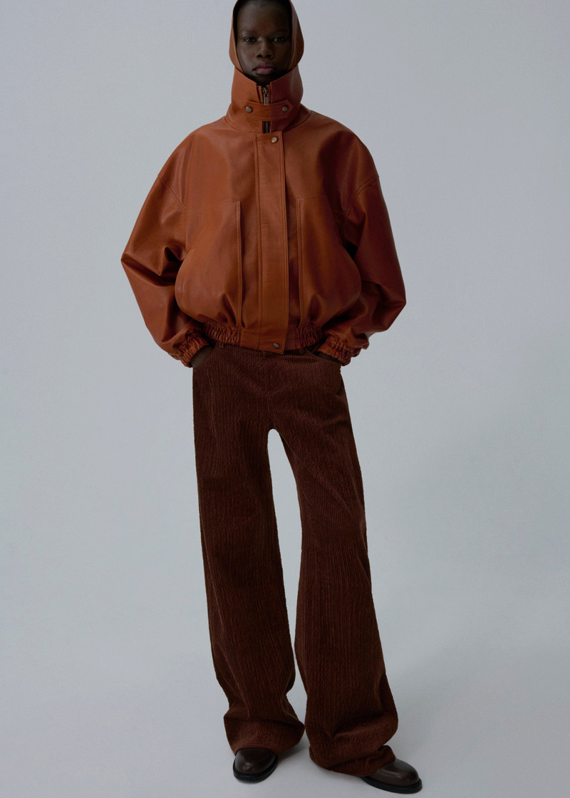 MAGDA BUTRYM High-neck leather bomber jacket in cognac outlook