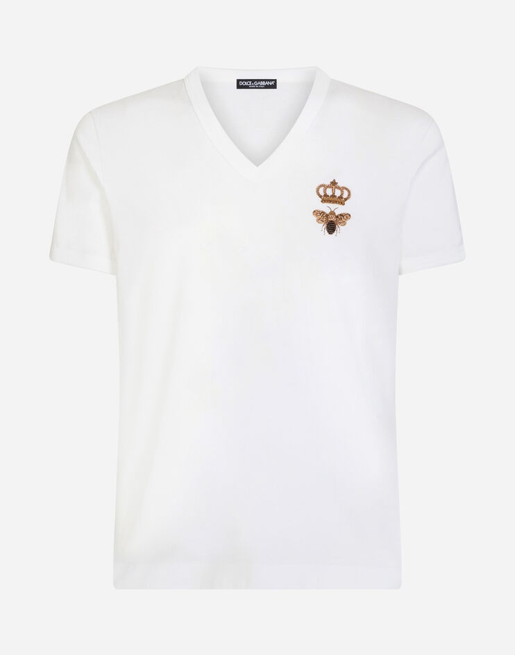 V-neck cotton t-shirt with bee and crown embroidery - 3