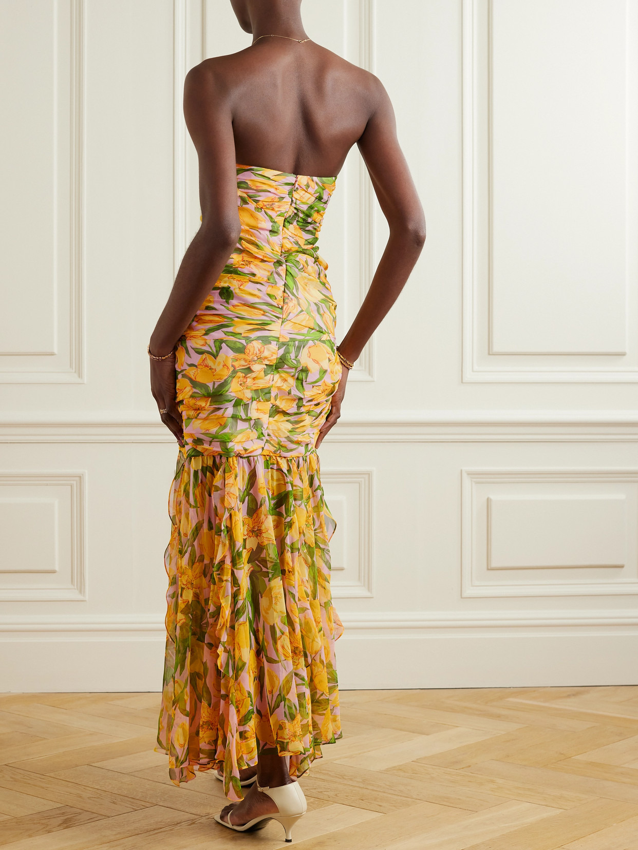 Strapless Draped Cutout Floral-print Silk-chiffon Gown - 3